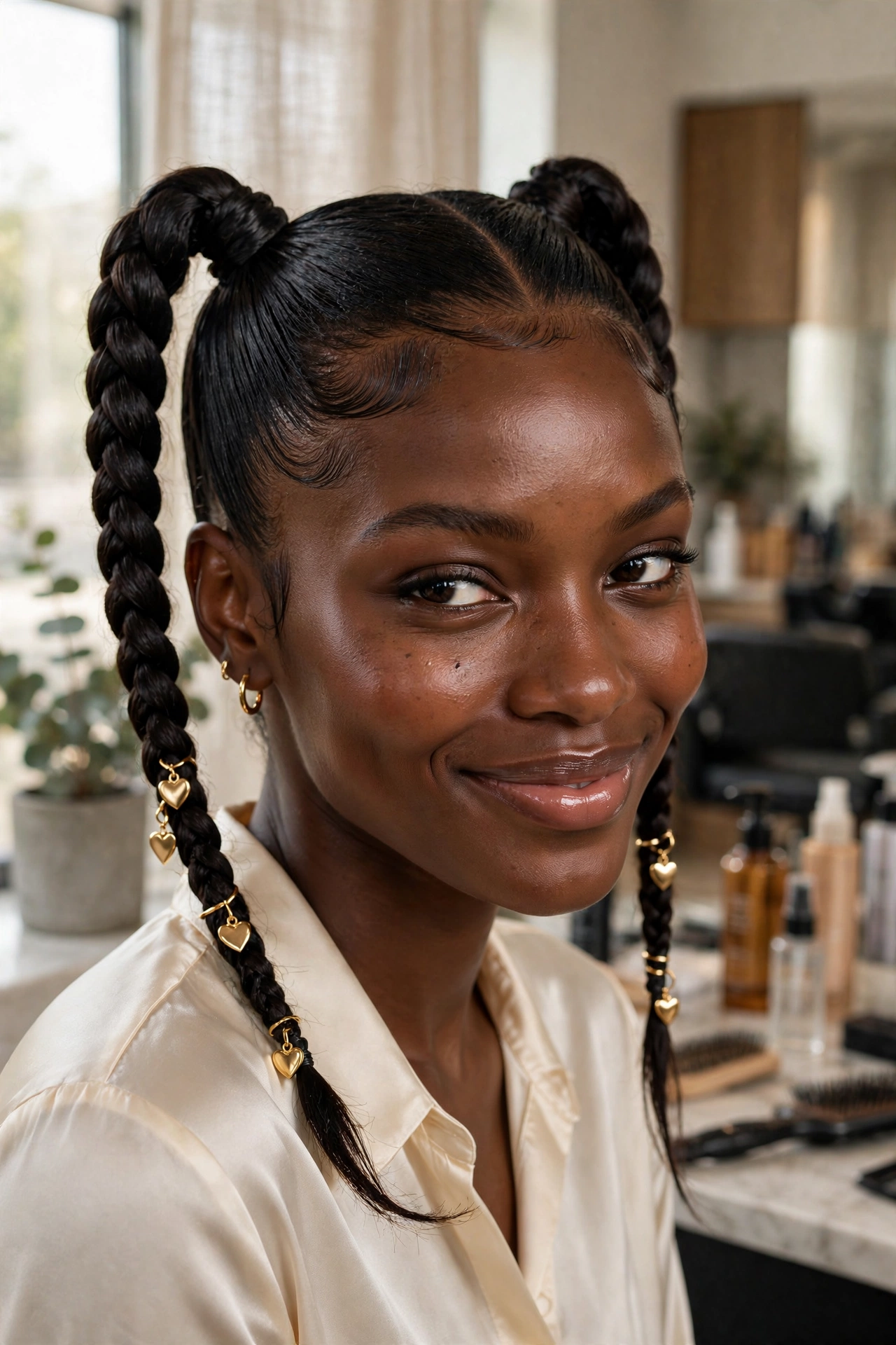 Black woman wearing sweetheart braided pigtails