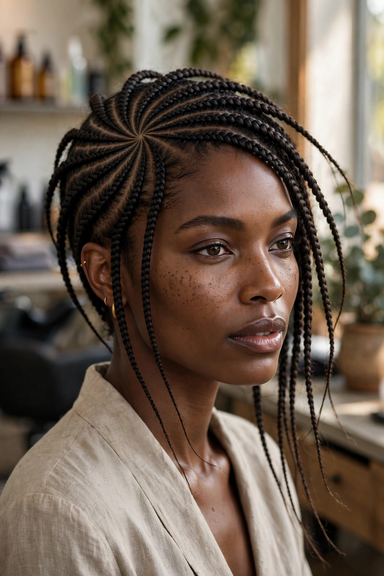 Black woman wearing pinwheel cornrows