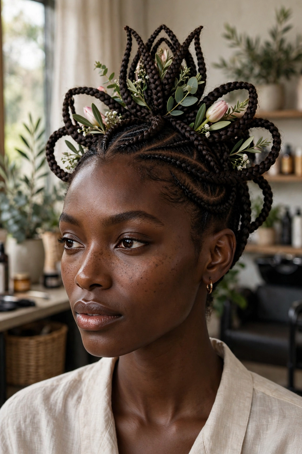 Black woman wearing tulip pattern feed in braids