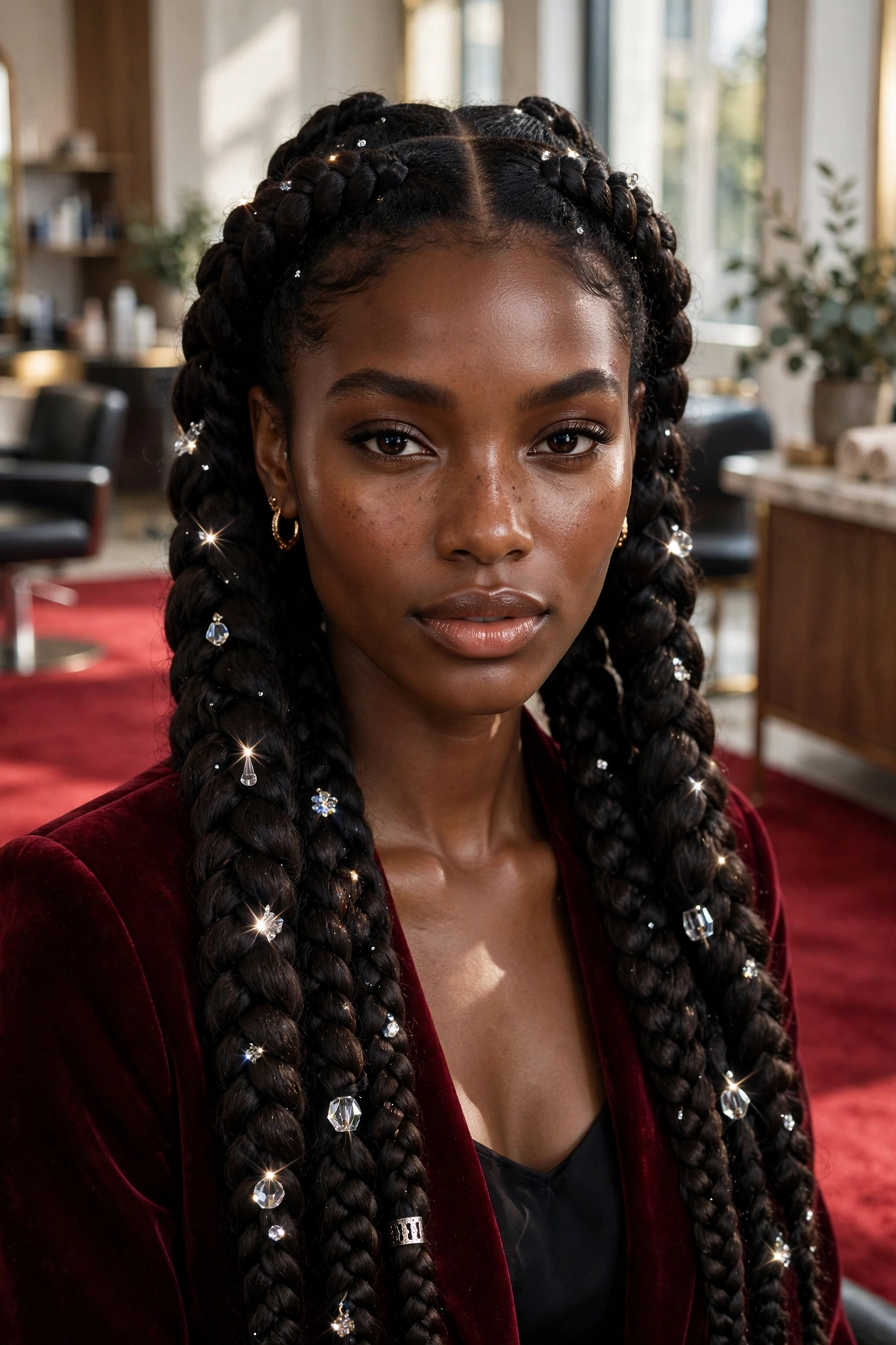 Black woman wearing crystal adorned goddess braids