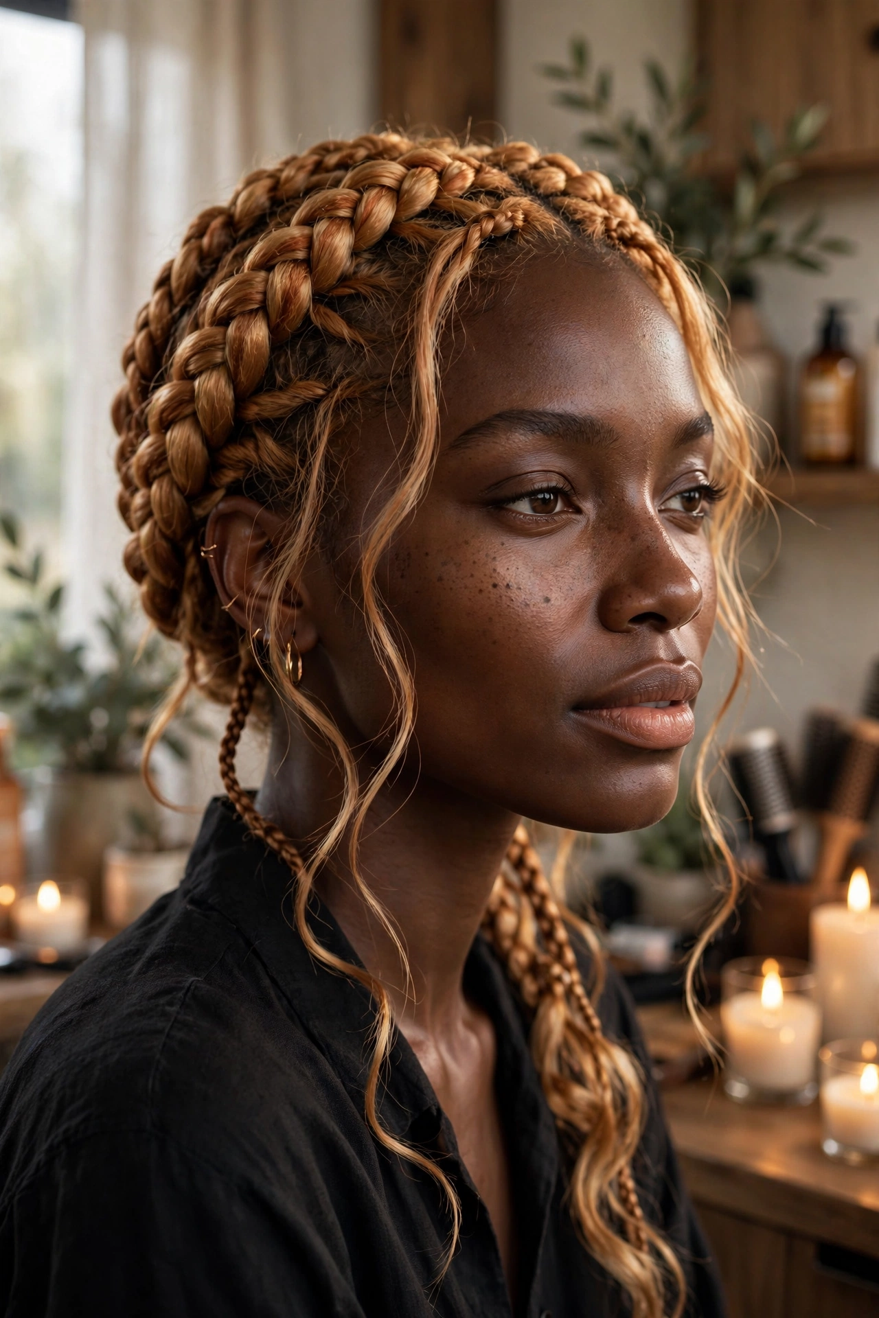Black woman wearing apricot glow braided crown