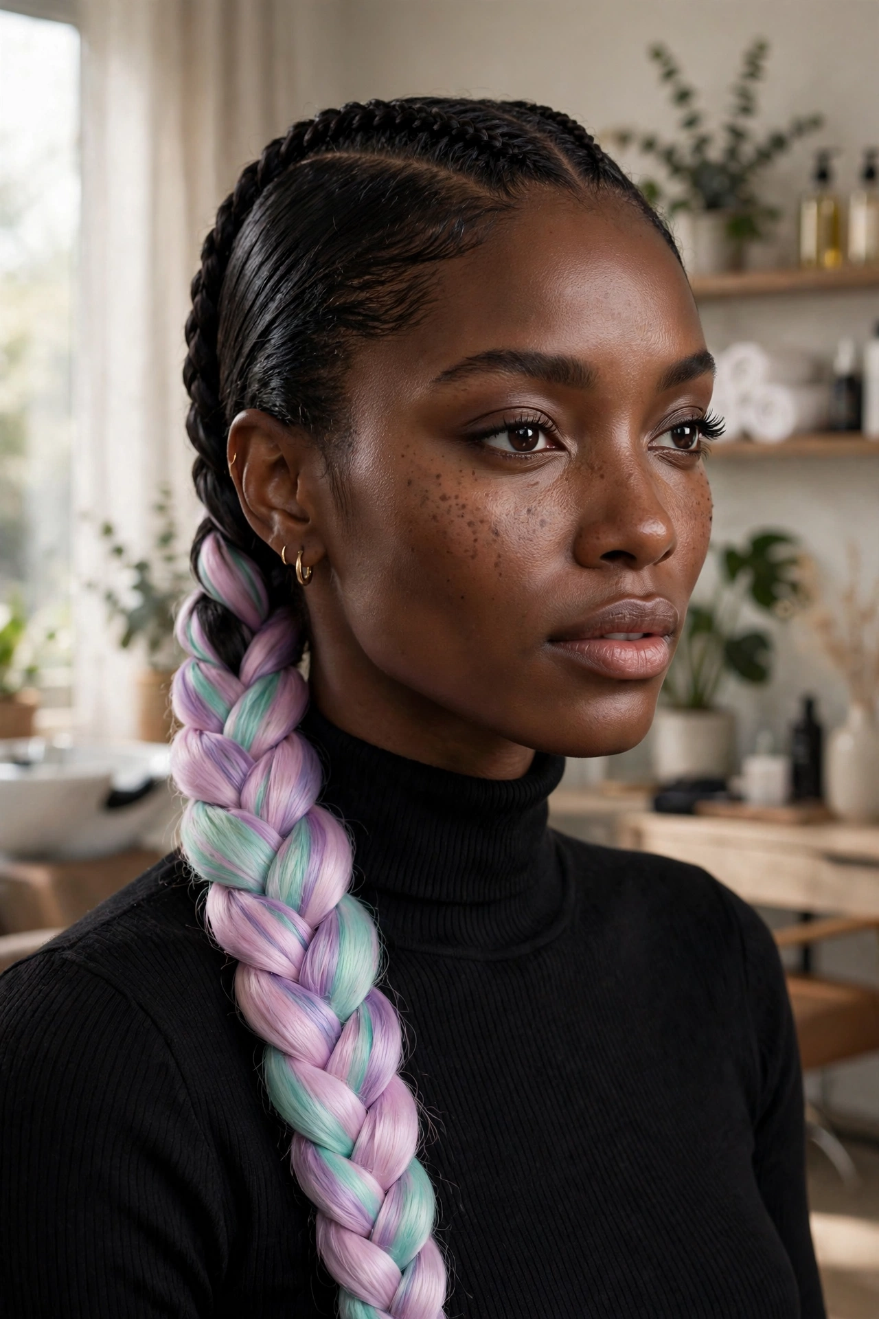 Black woman wearing unicorn braid with pastel streaks