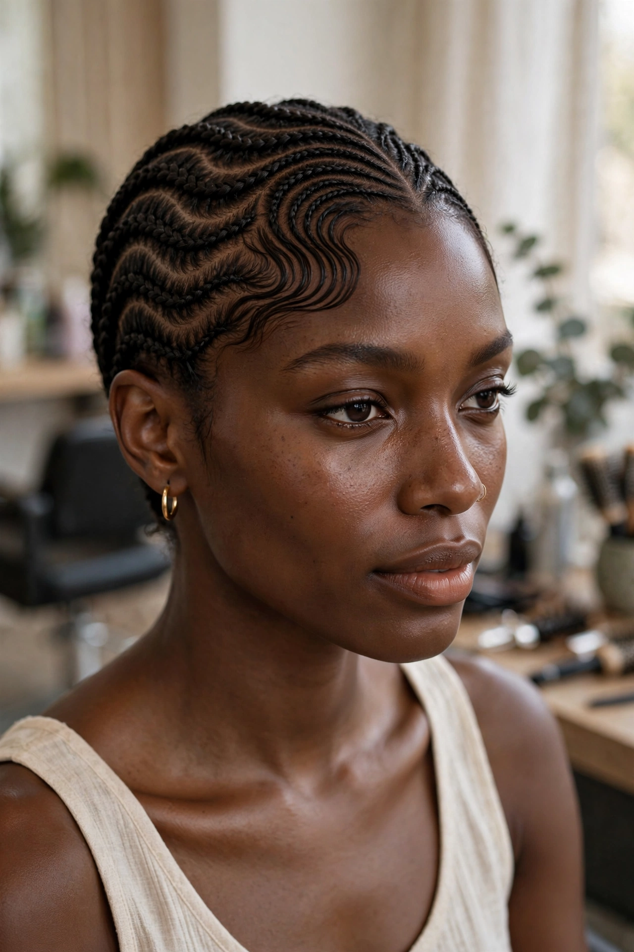 Black woman wearing ocean wave cornrows