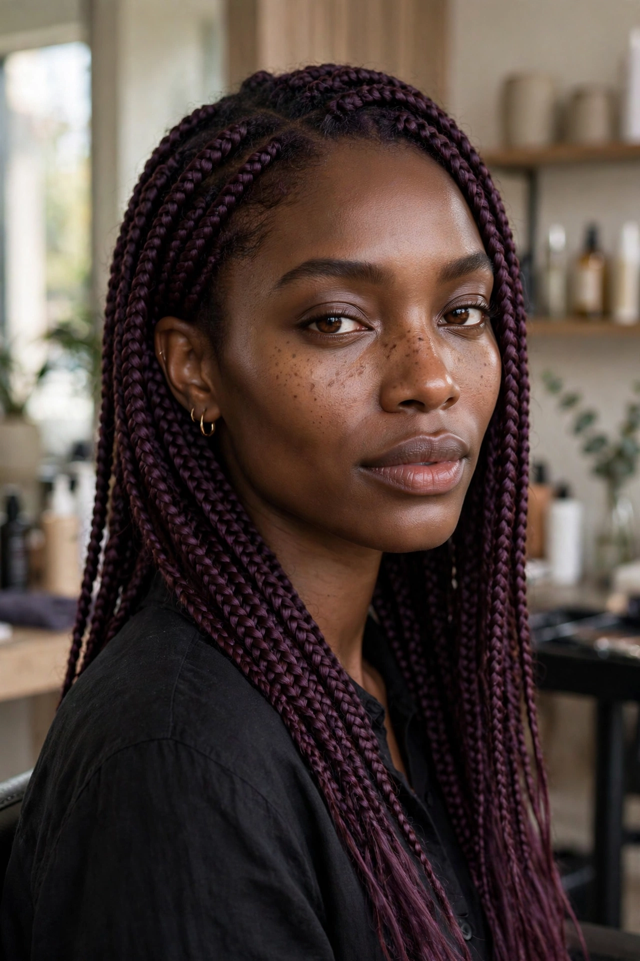 Black woman wearing plum passion box braids