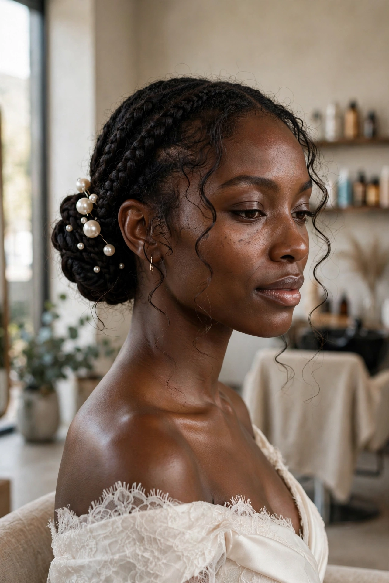 Black woman wearing pearl pinned braided chignon