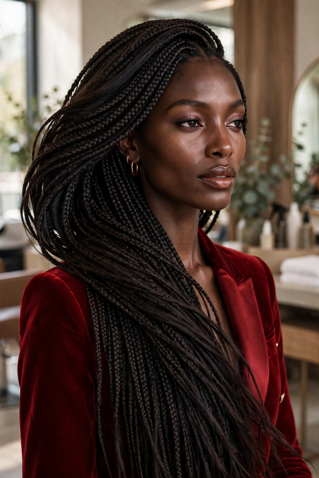Black woman wearing lemonade side swept braids