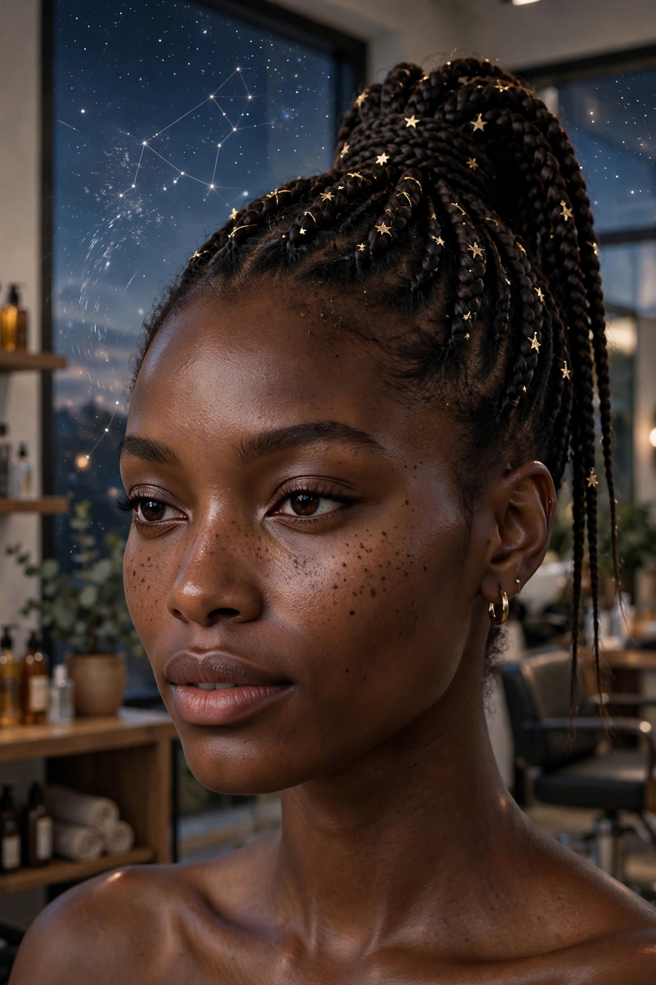 Black woman wearing stardust braided ponytail