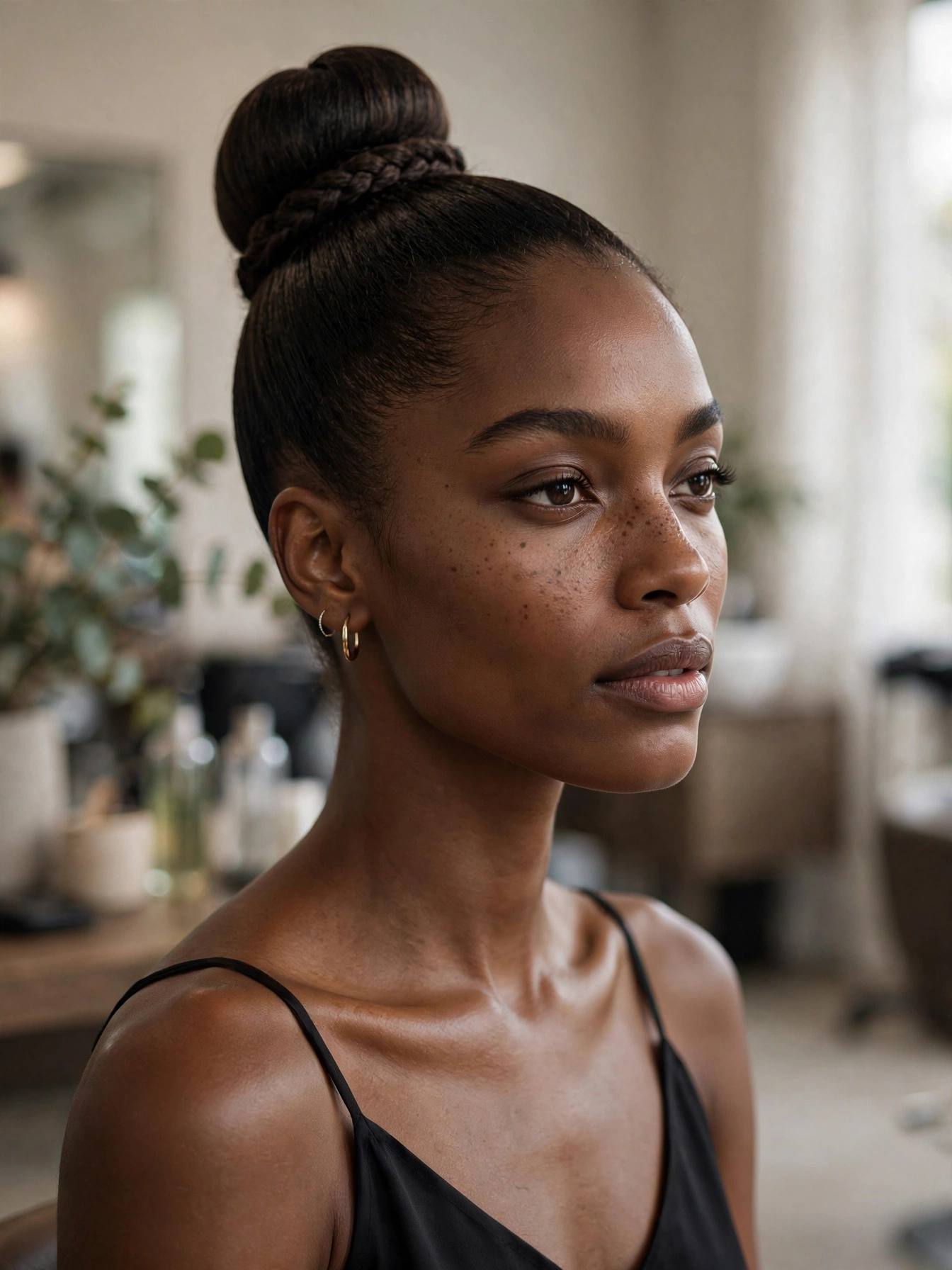 Black woman wearing ballet bun with braided wrap