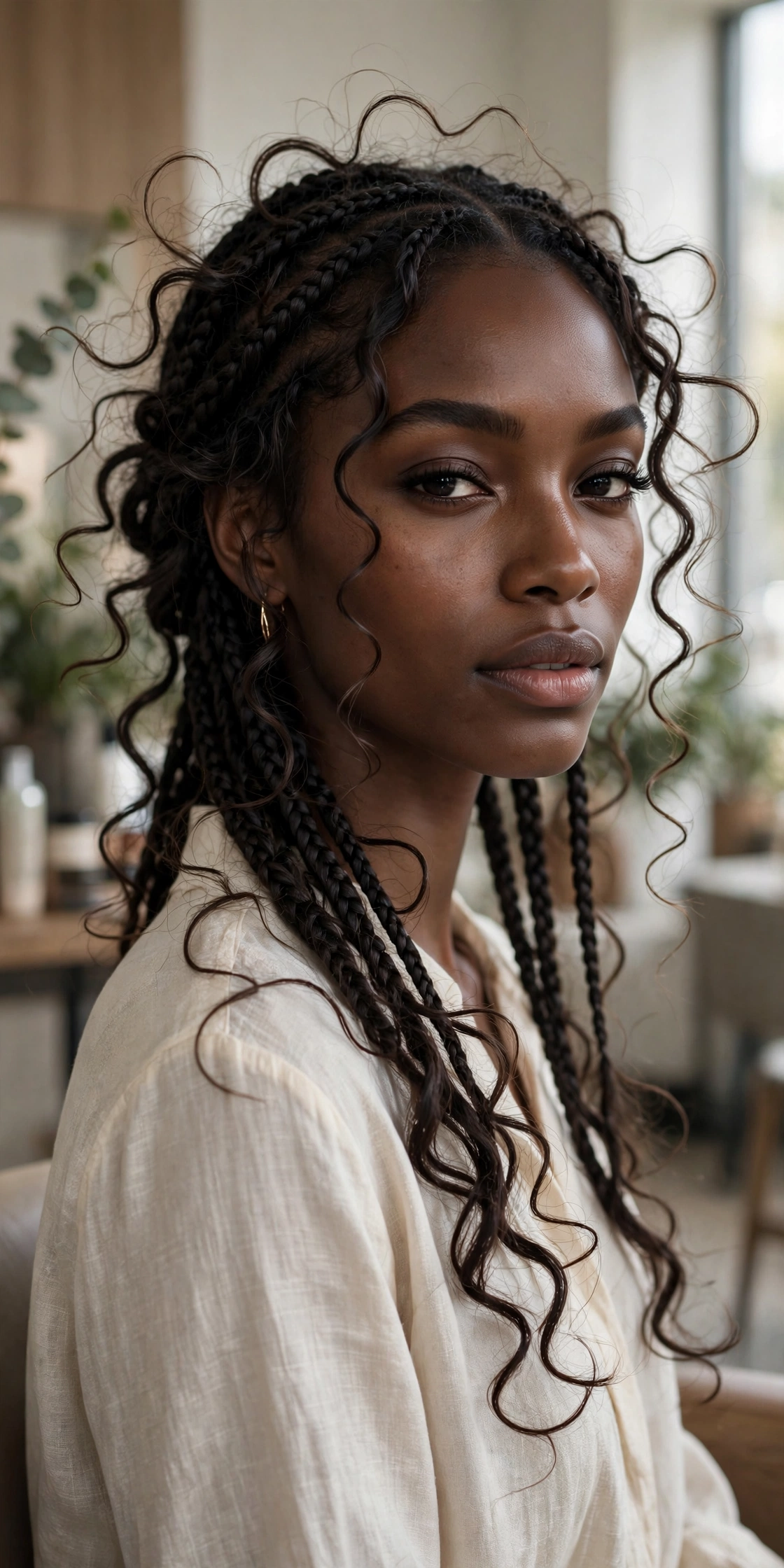Black woman wearing petal soft boho braids