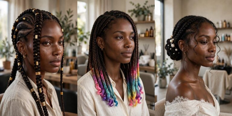 Pretty braided hairstyles for Black women collage: Fulani braids, rainbow tips, pearl chignon
