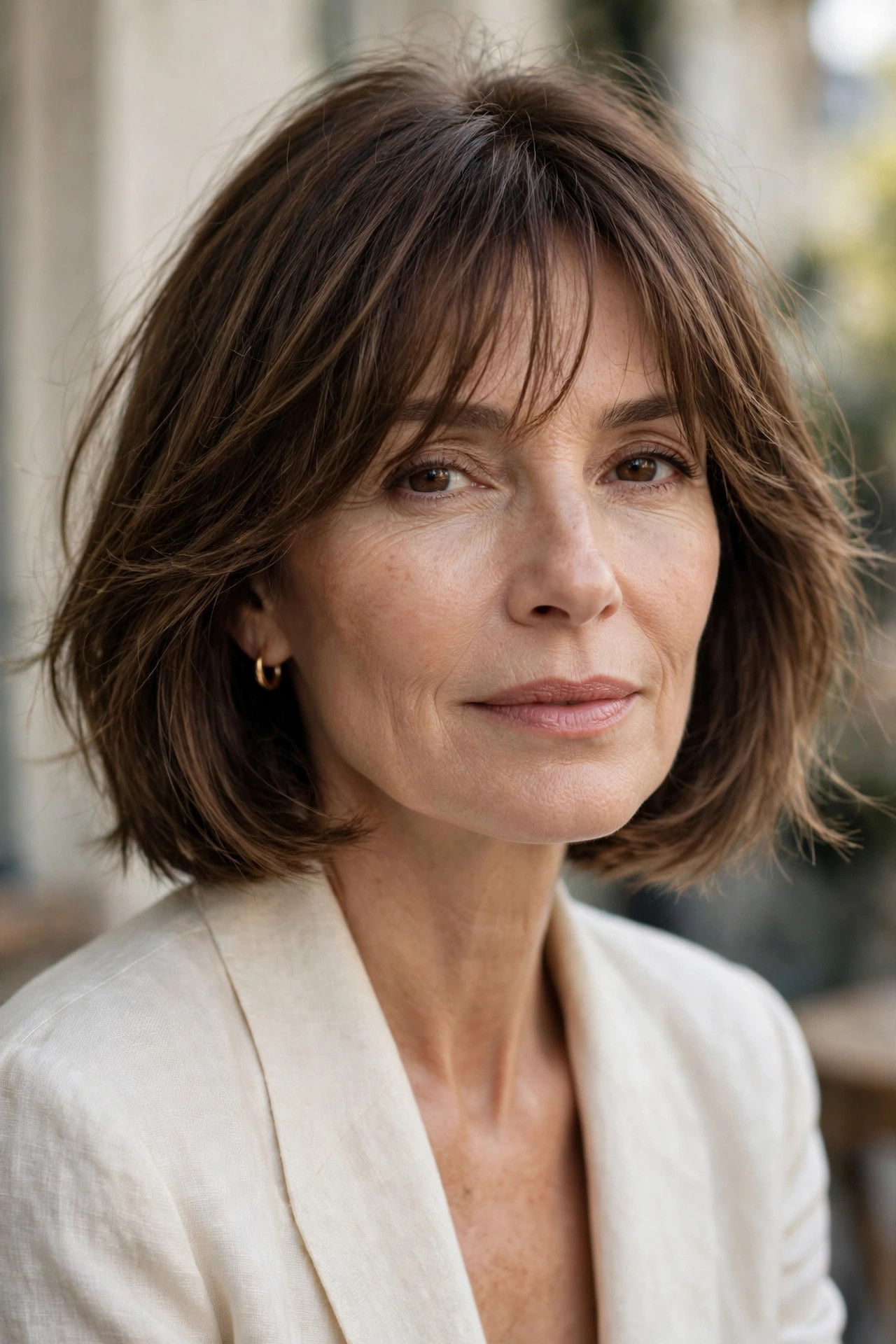 Jaw-length bob with wispy Birkin-inspired fringe on thin hair