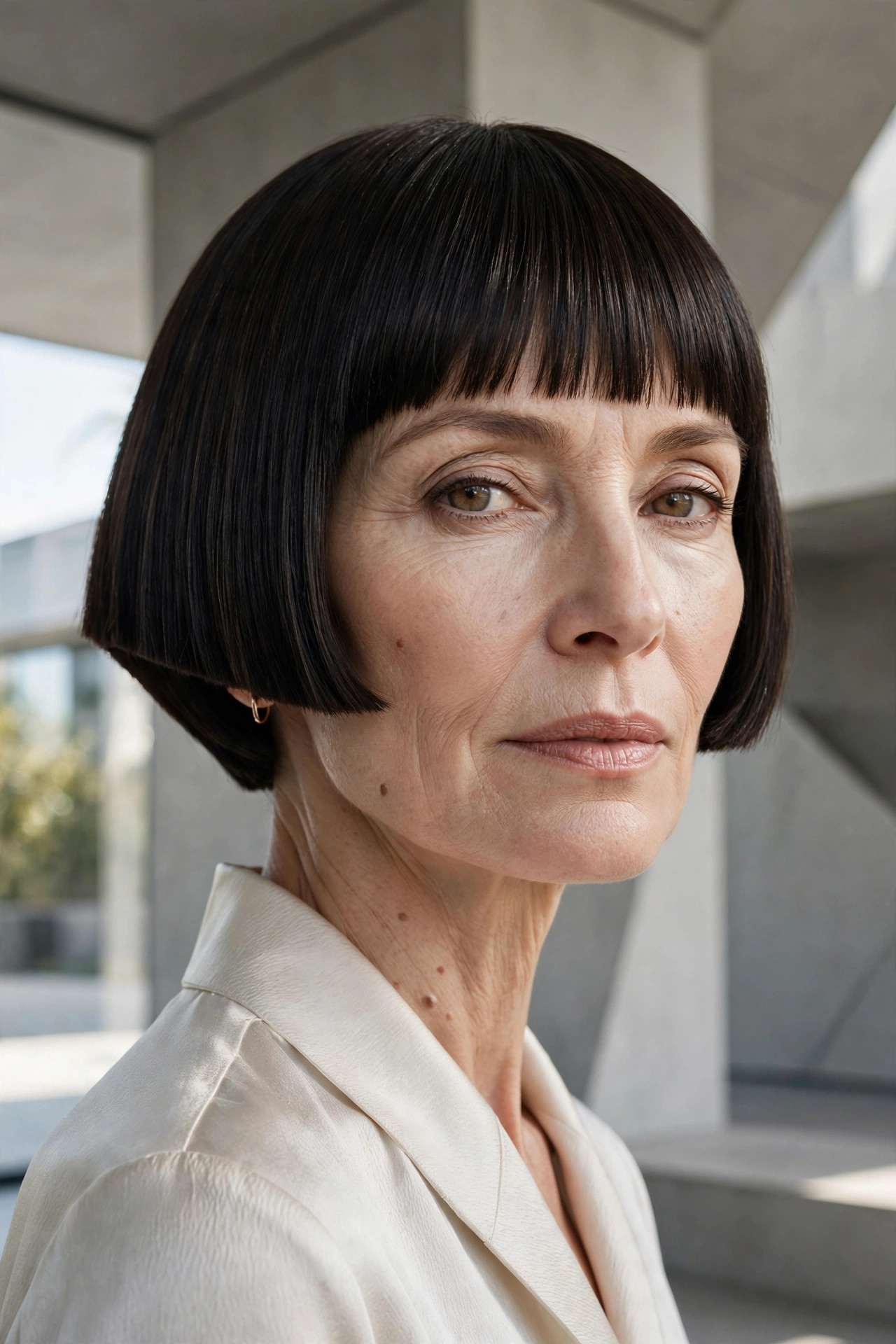 Box bob with light brow-grazing fringe for thin hair
