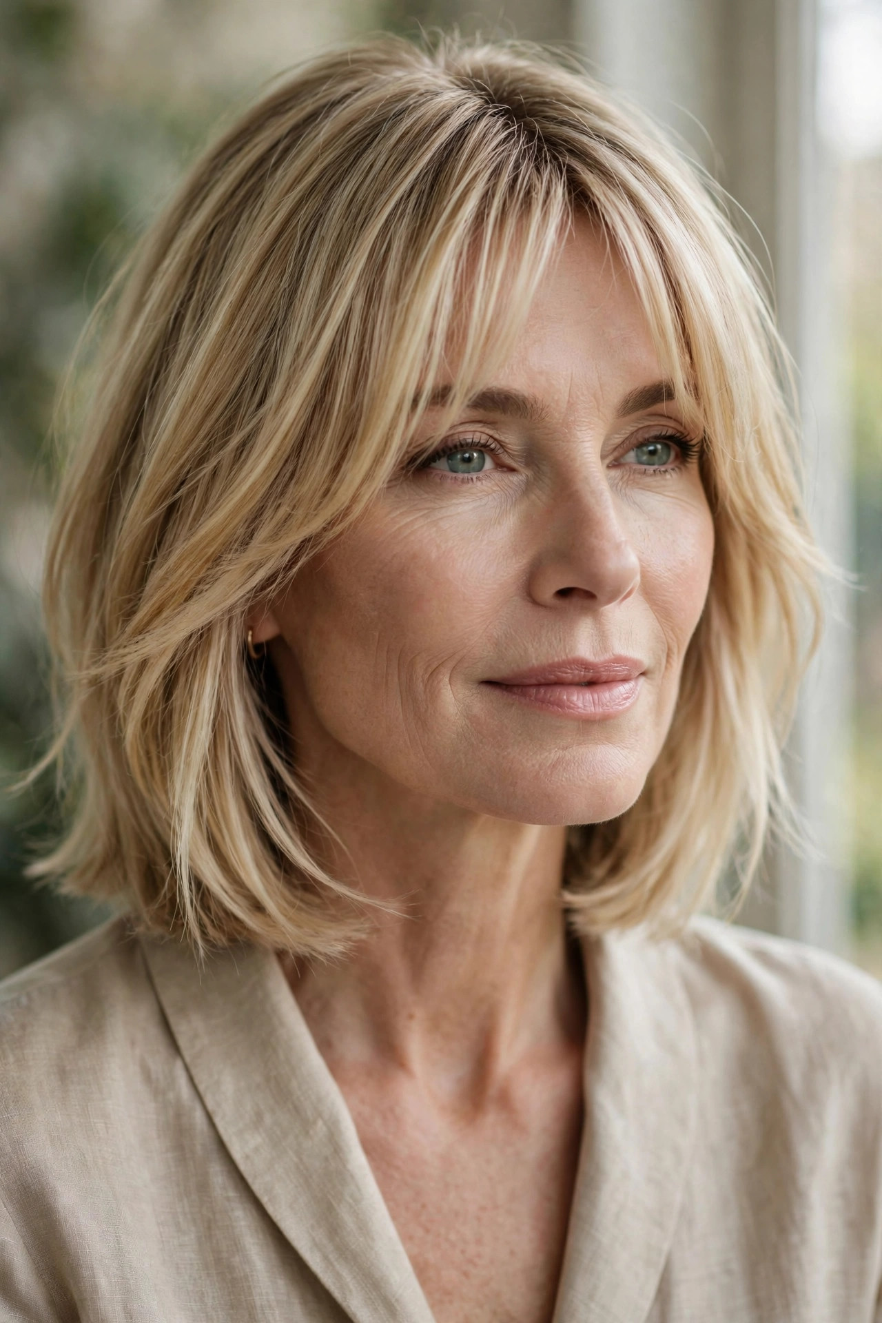 Airy collarbone bob with curtain fringe for thin hair