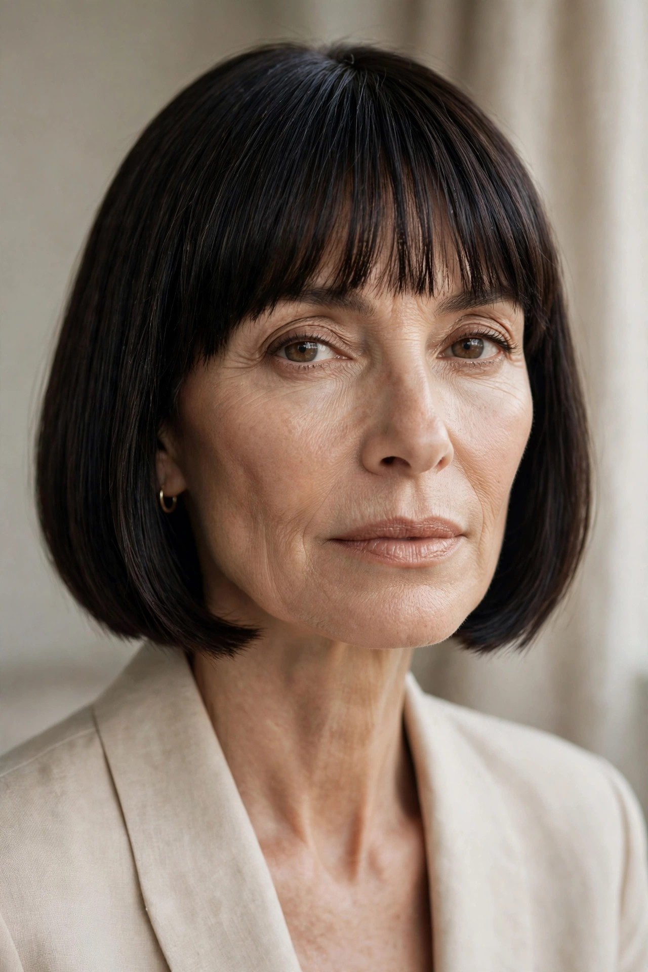 Minimalist blunt bob with soft straight fringe, fine hair