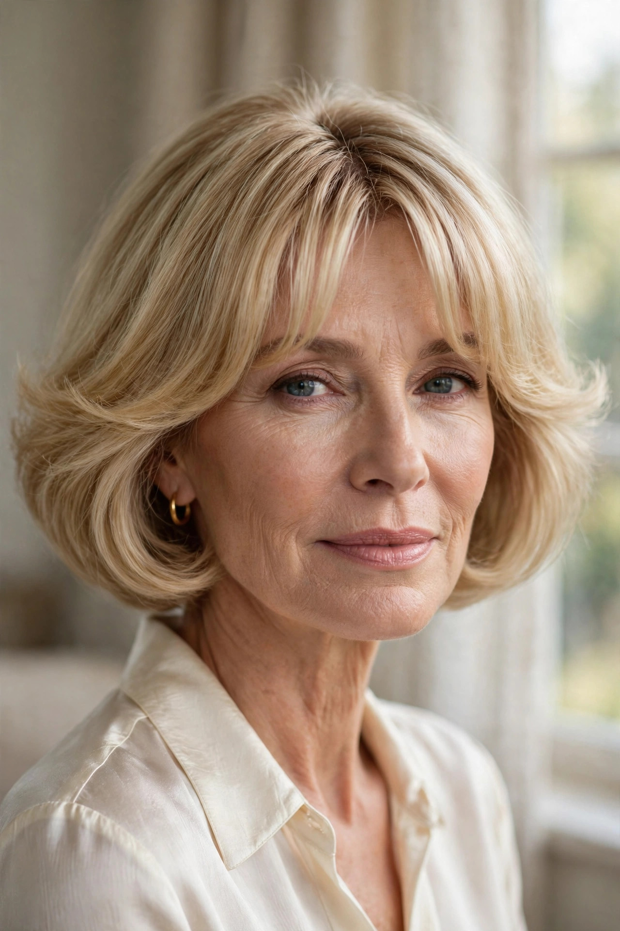 Rounded bob with short curtain fringe for fine hair