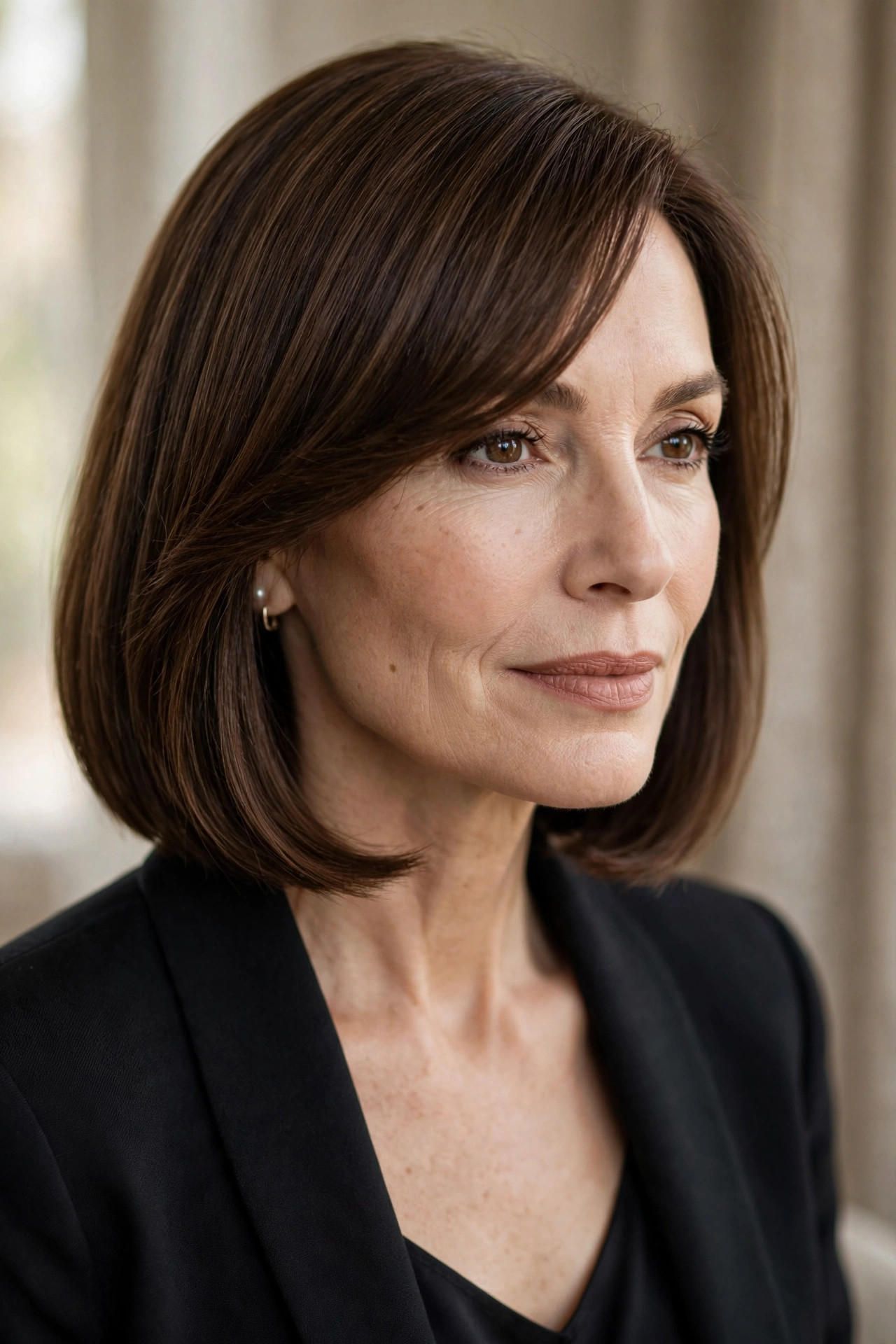 Sleek A-line bob with side-swept fringe for fine hair