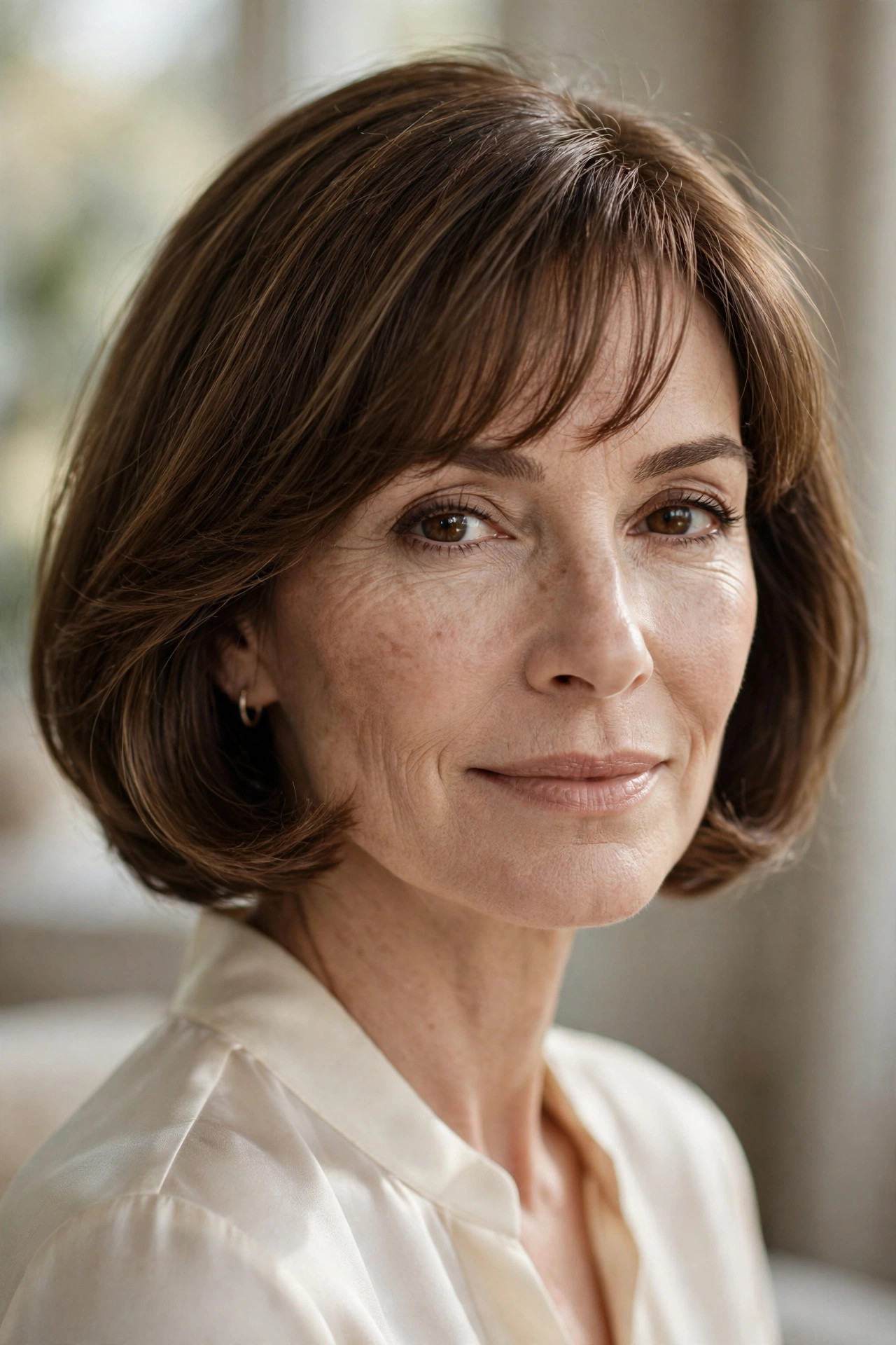 Classic bob with beveled ends and light fringe, thin hair