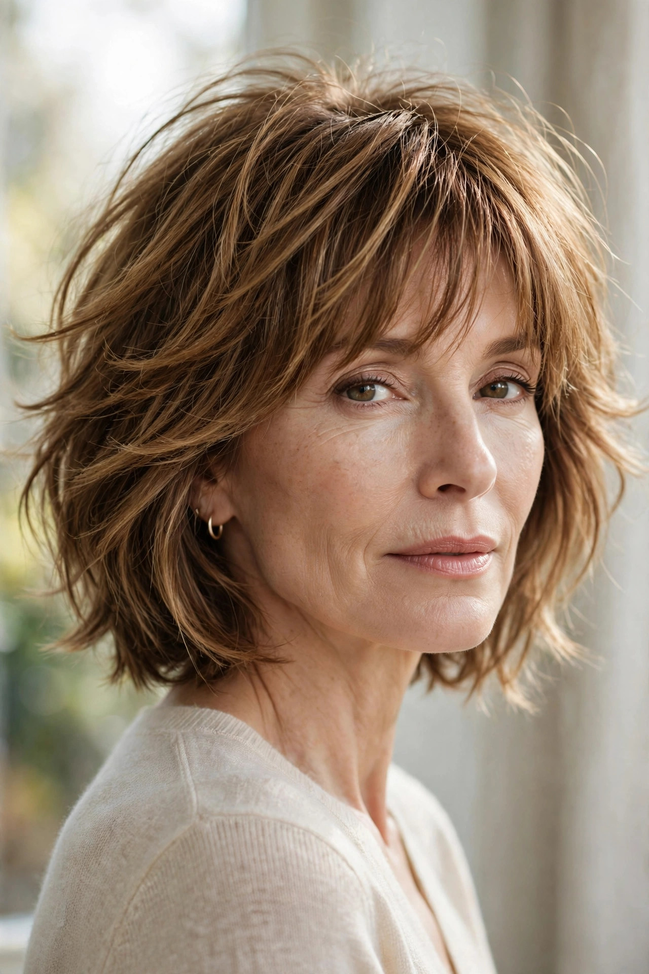 Shaggy bob with feathered fringe for fine hair