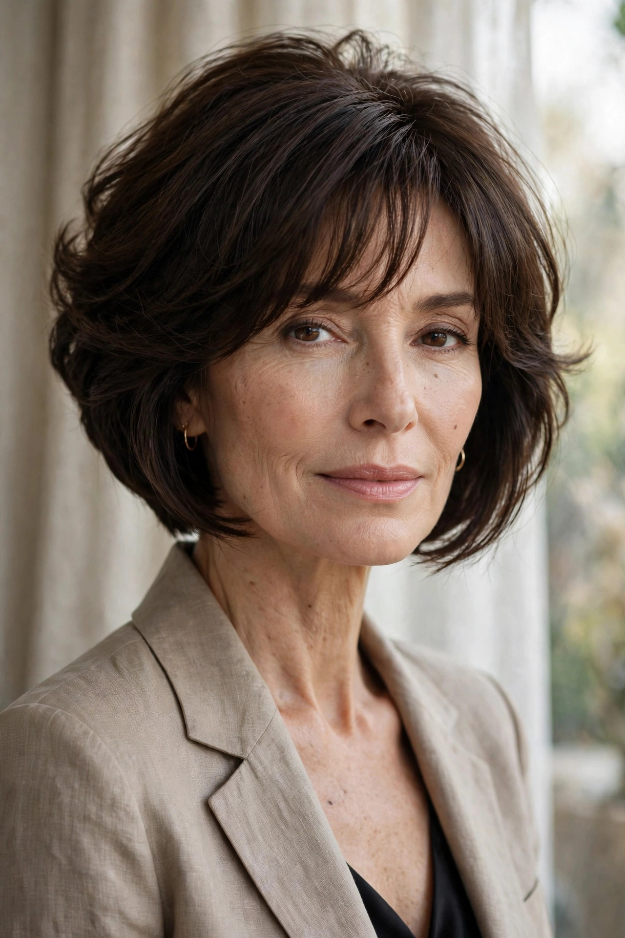 Stacked bob with tapered nape and light fringe, thin hair