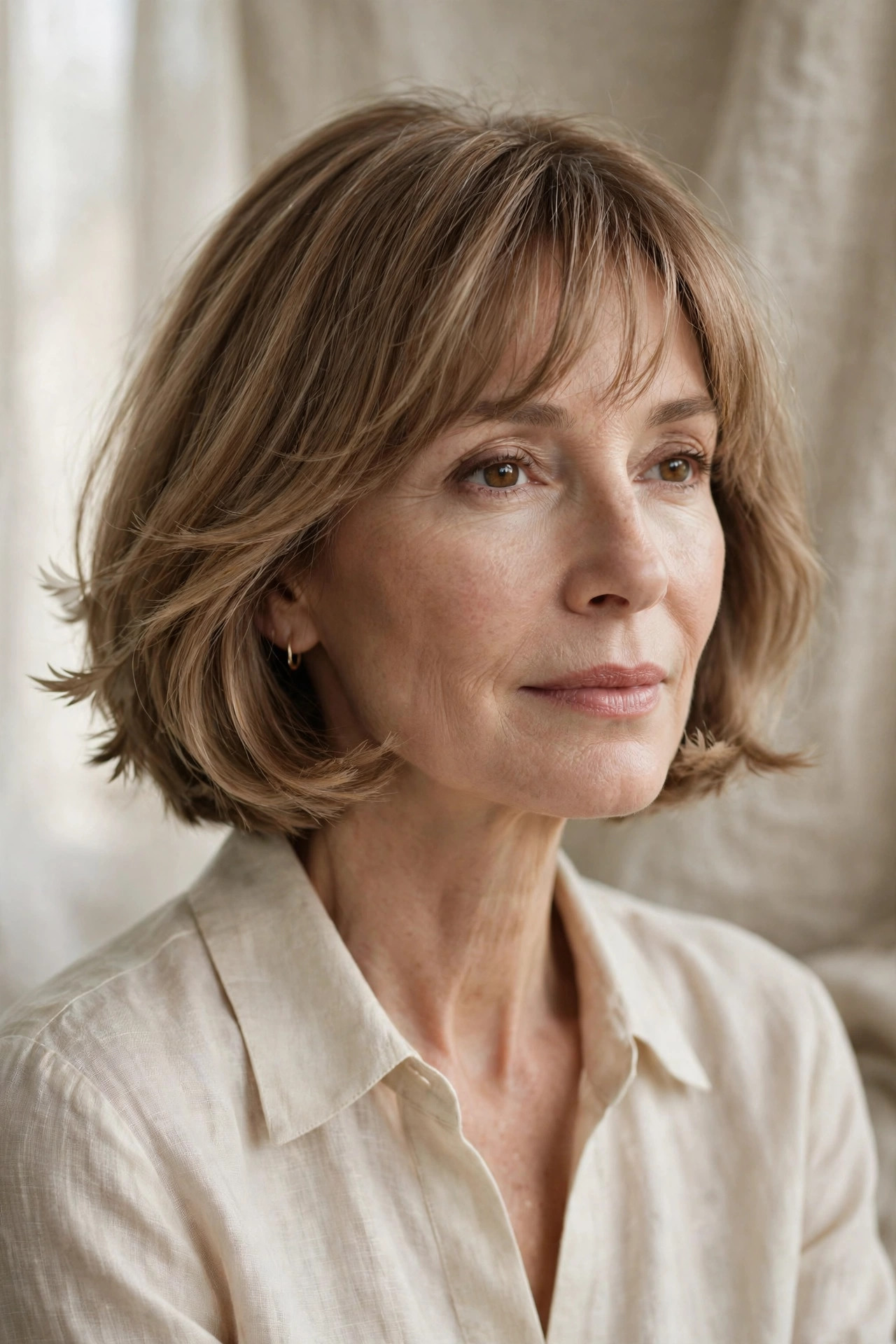 Bob with feathered edges and wispy fringe, thin hair