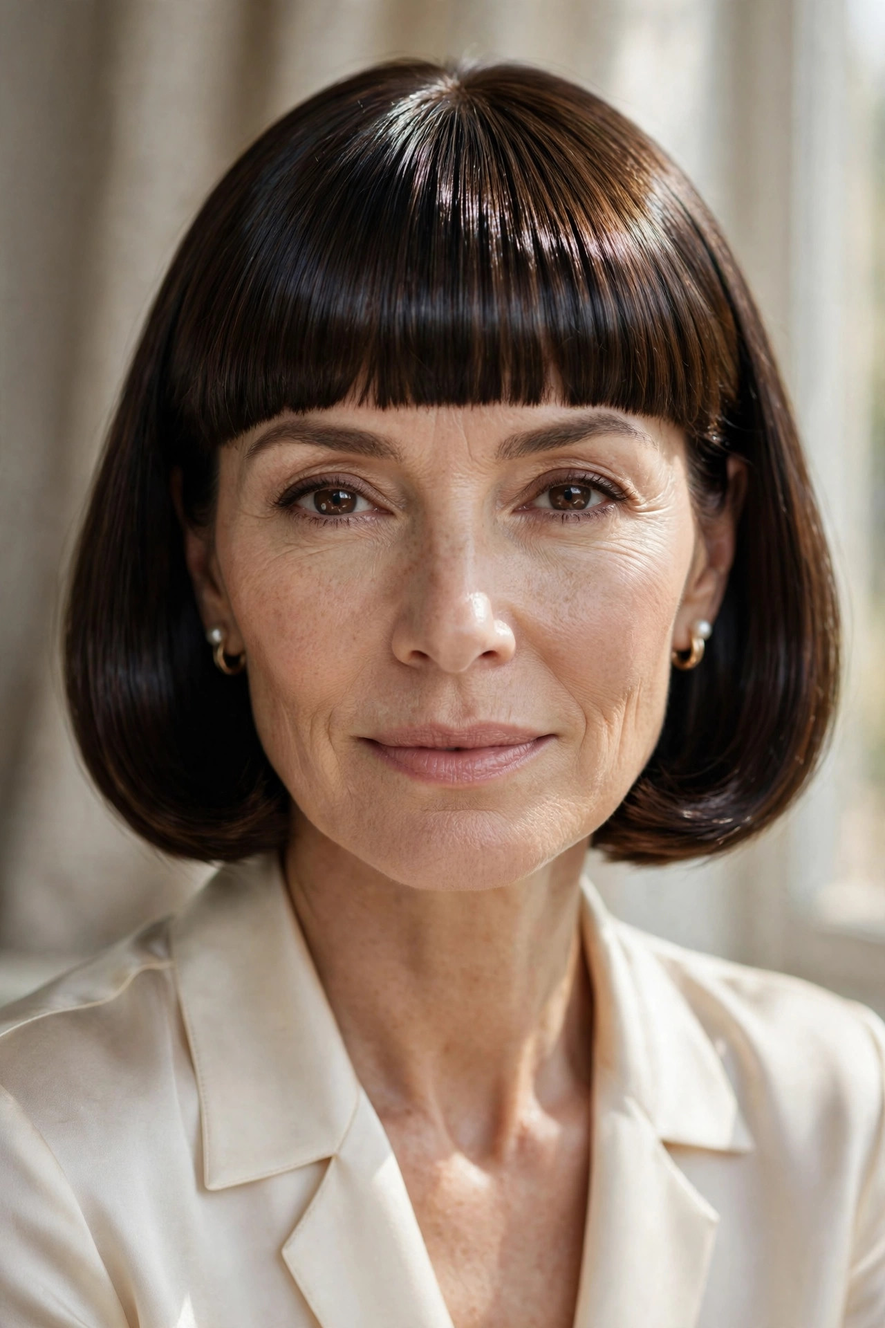 Polished bob with glossy straight fringe for thin hair