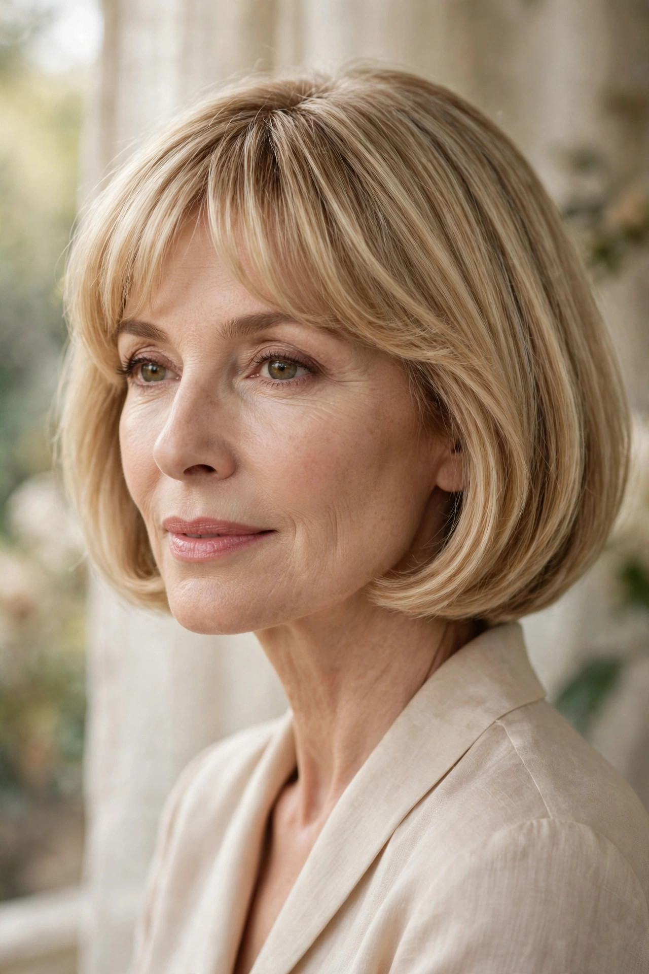 Chin-length bob with curved-under fringe for thin hair