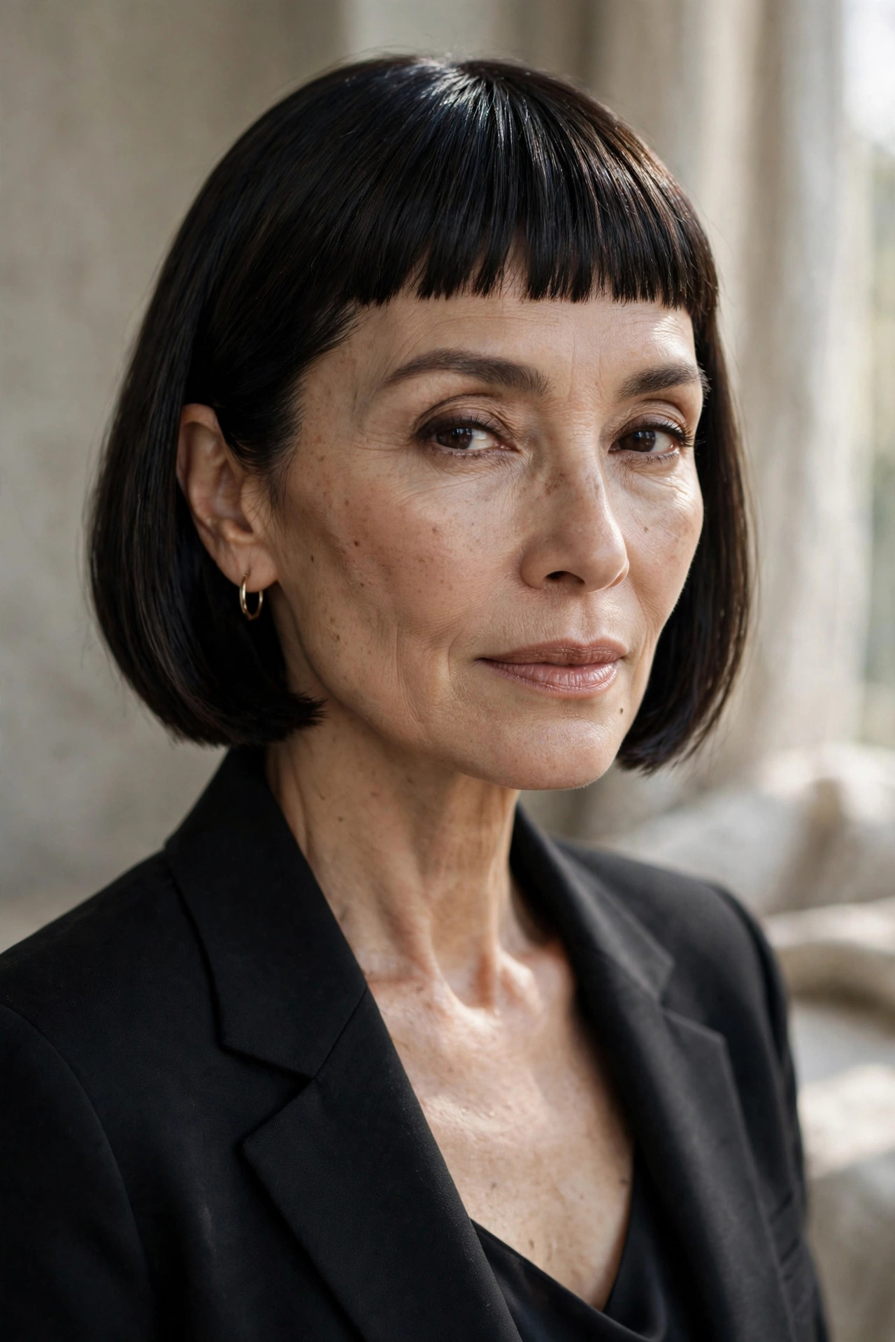 Jaw-length bob with blunt micro fringe for fine hair