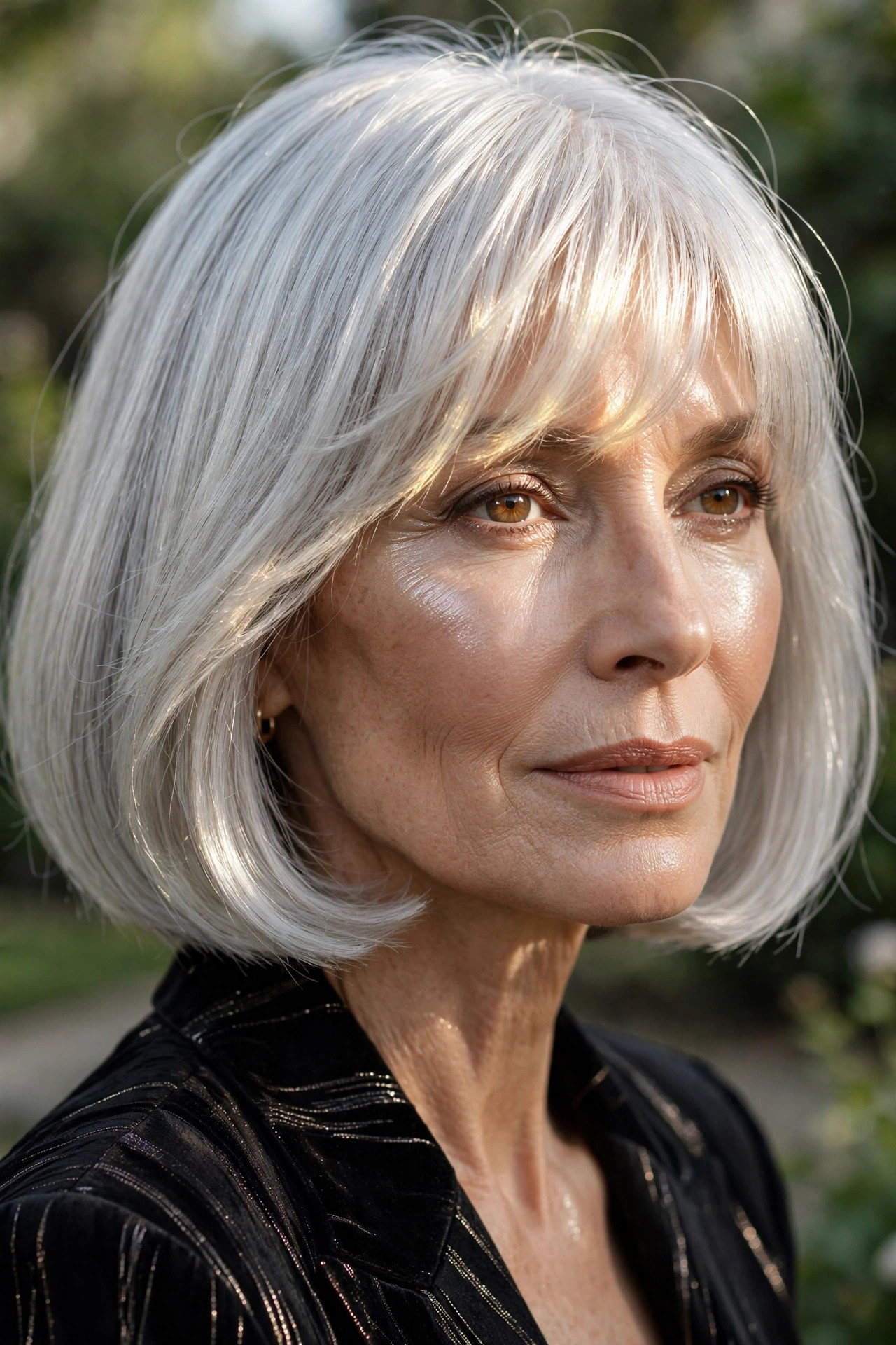 Silver bob with luminous fringe for fine hair over 50