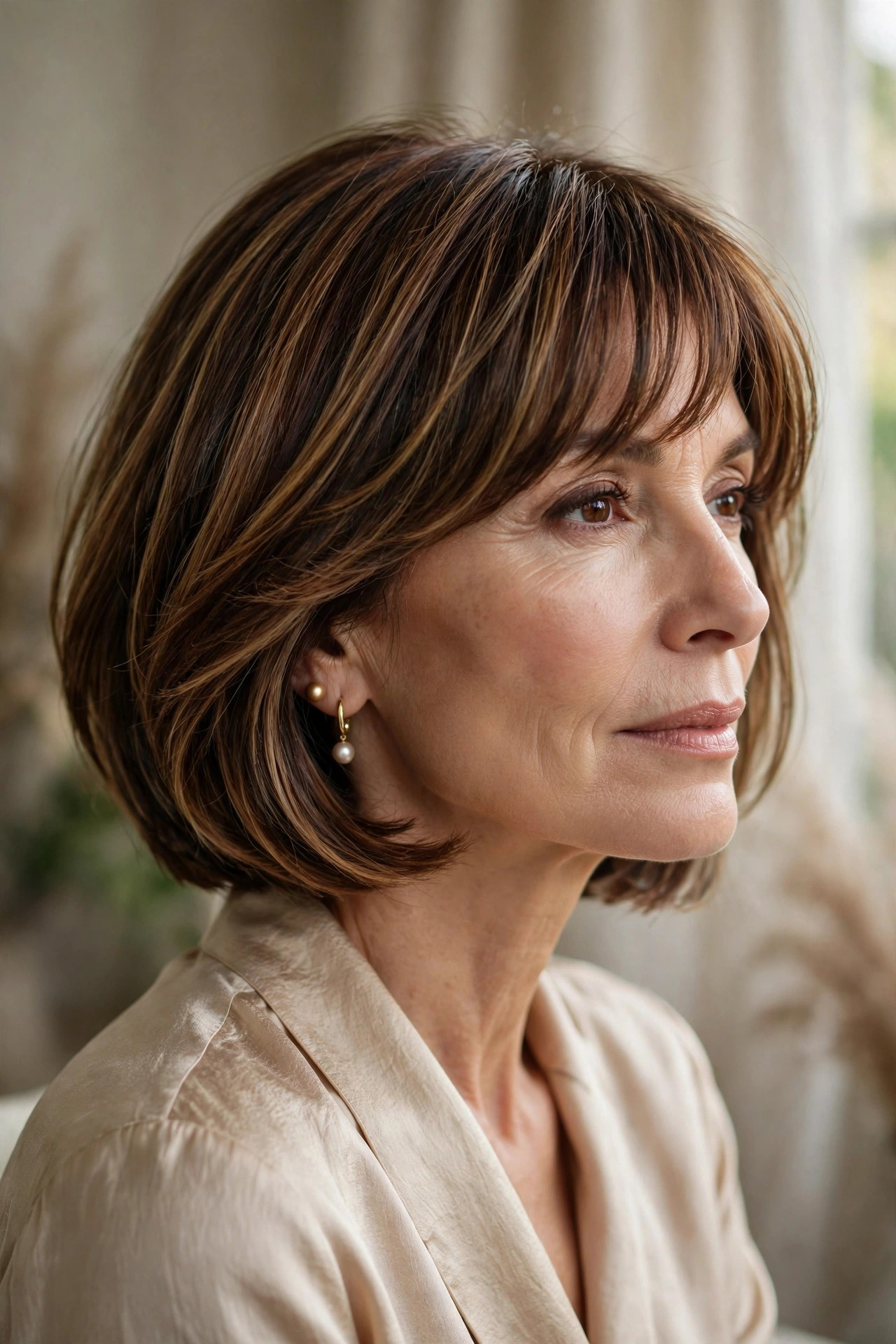 Dimensional brunette bob with soft fringe for thin hair