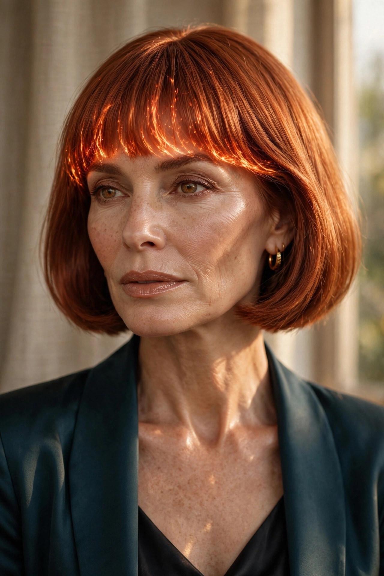 Copper bob with warm fringe for thin hair