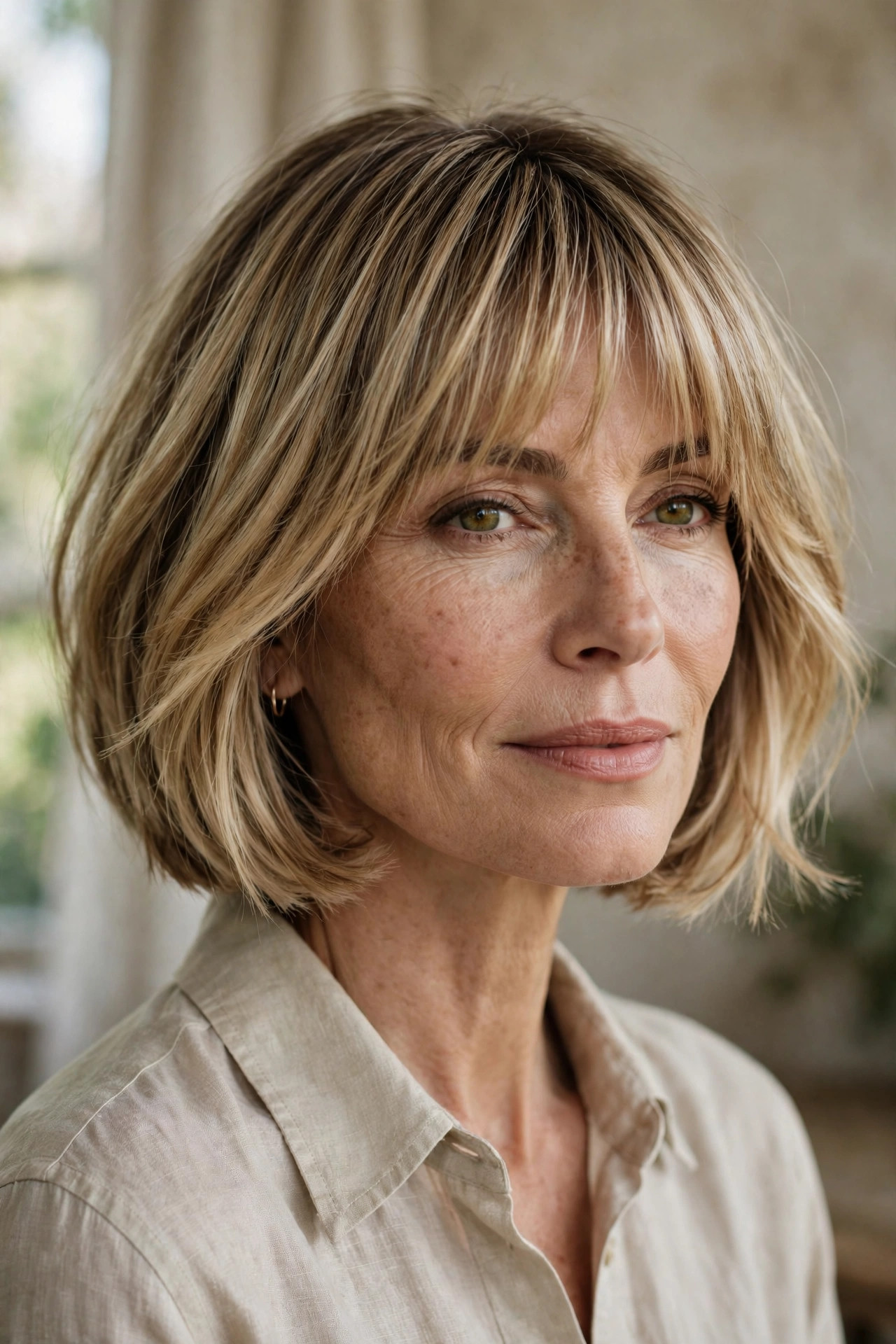 Balayage bob with melted fringe for thin hair