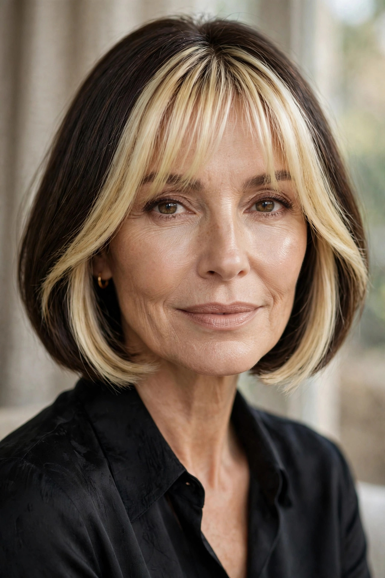 Money-piece bob with bright face-framing fringe, thin hair