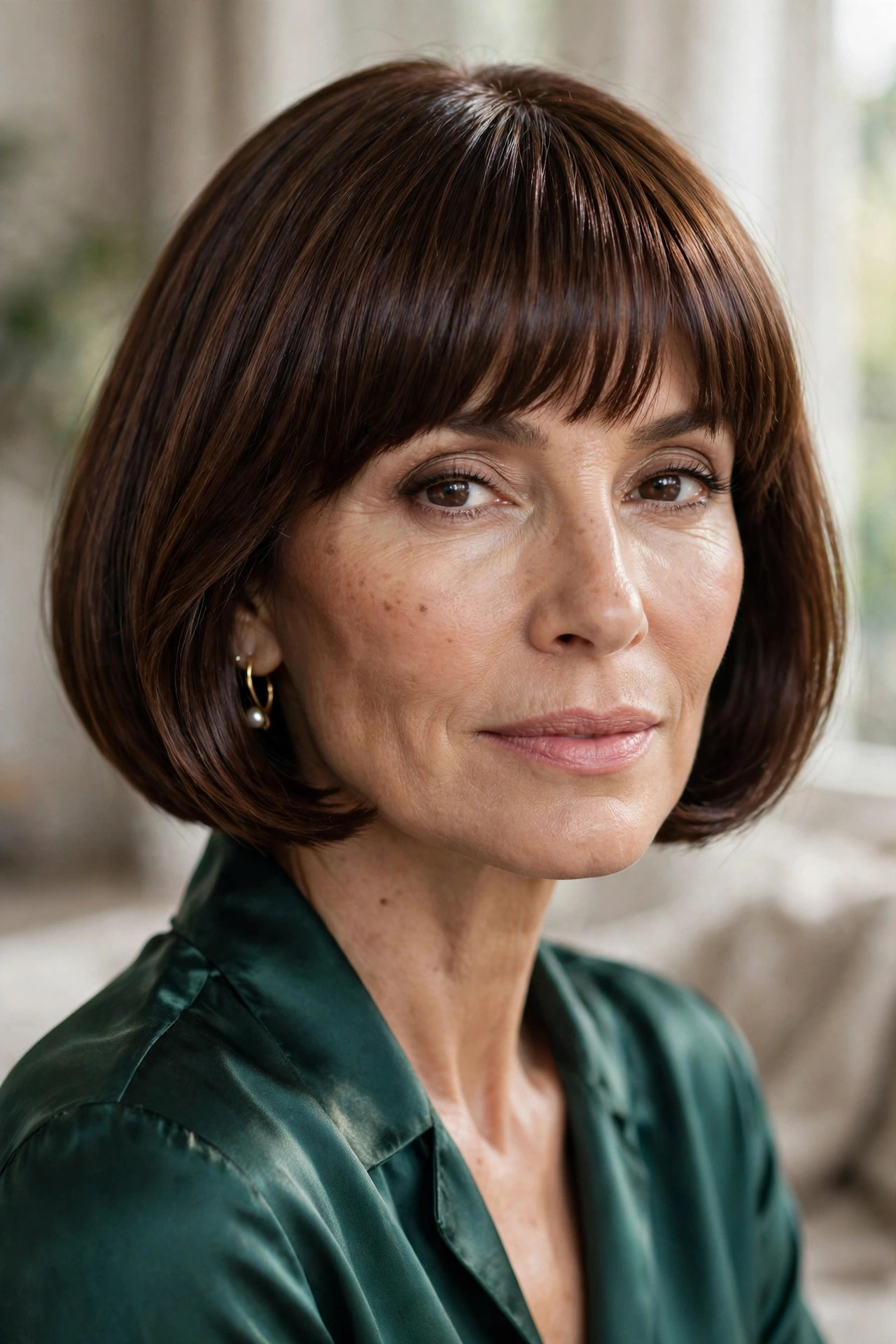 Chocolate bob with rich warm fringe for fine hair