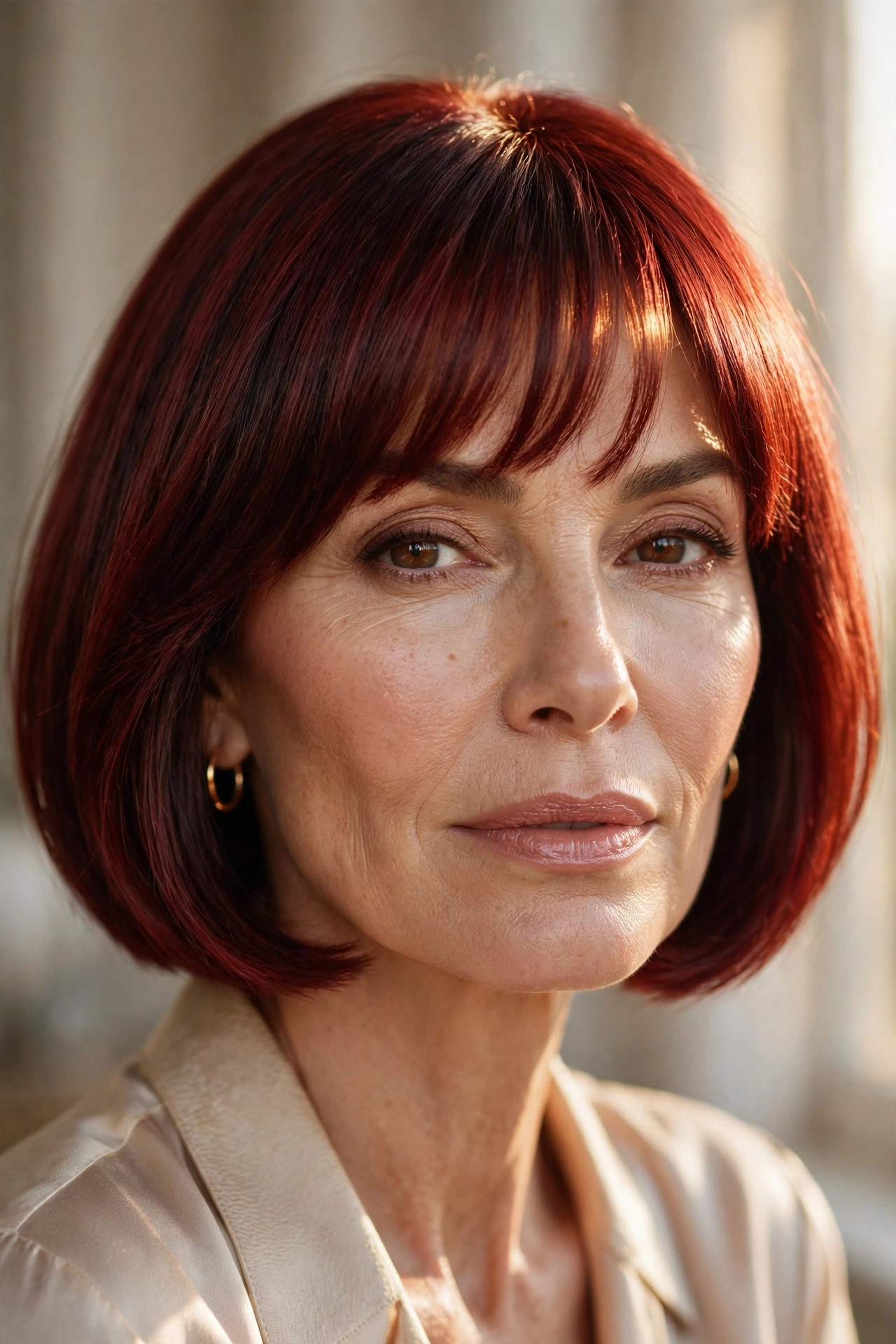 Cherry-red bob with warm fringe for thin hair