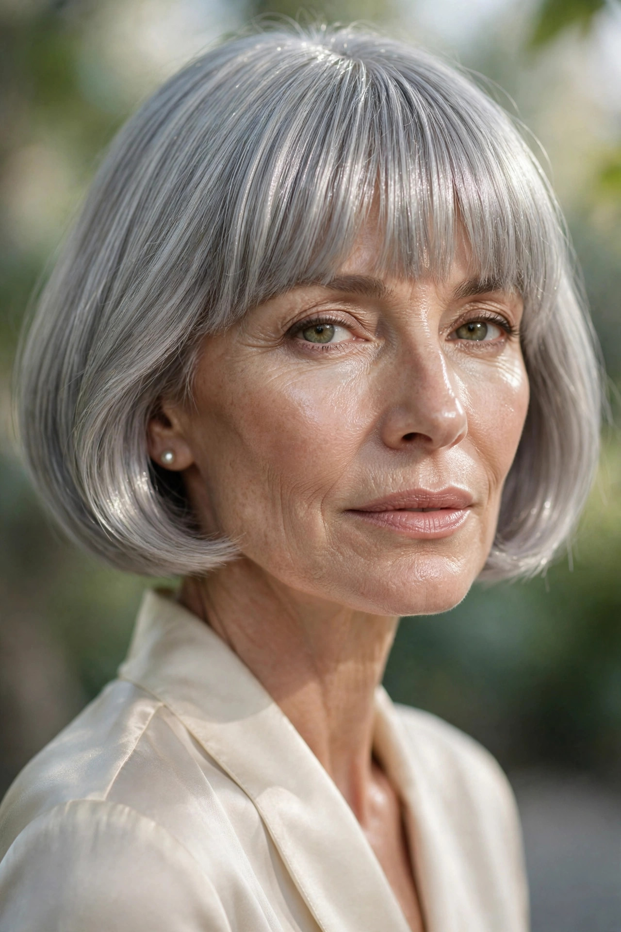 Pearl-gray bob with silvery fringe for fine hair