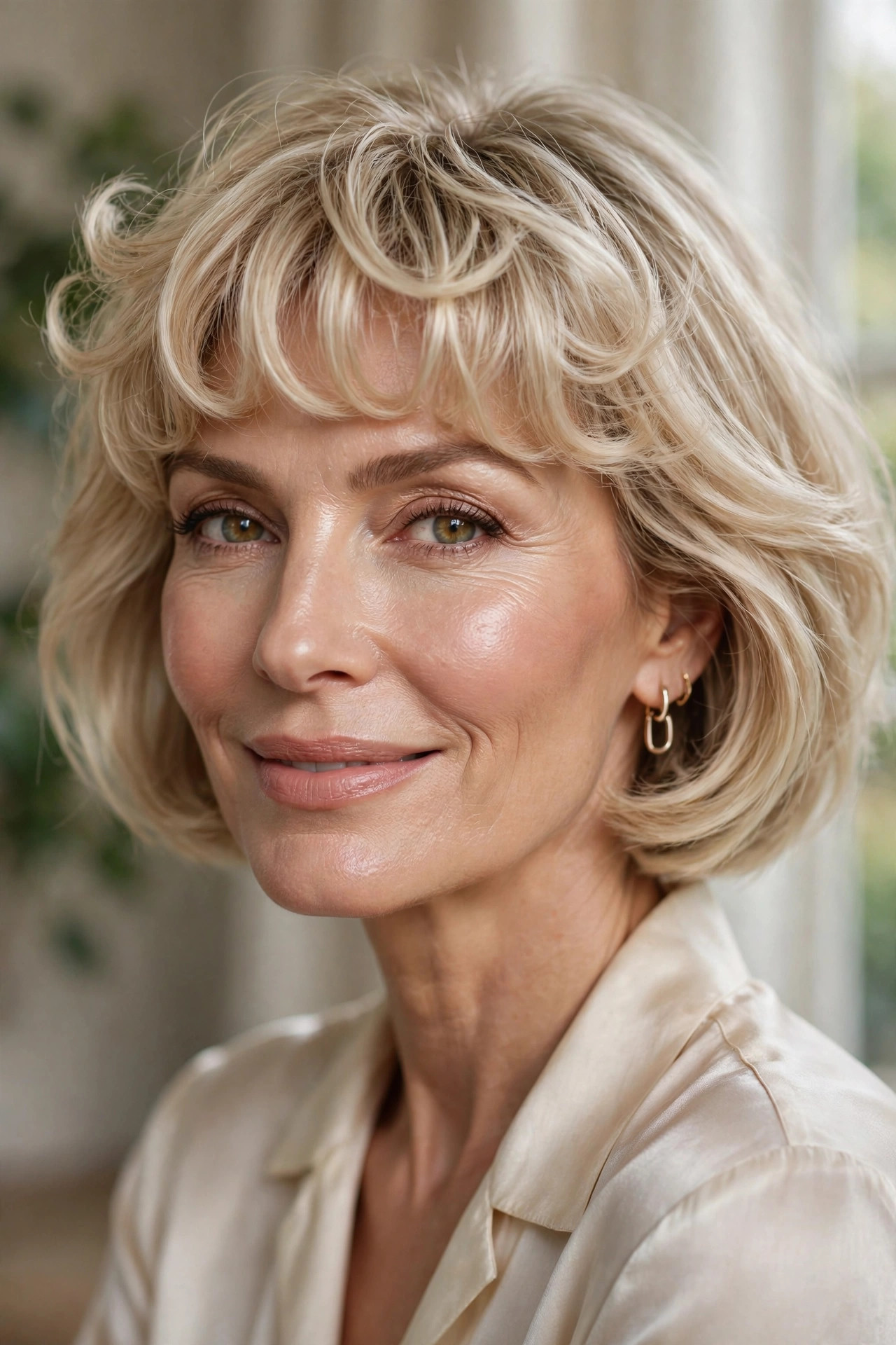 Champagne-blonde bob with bubbly fringe for thin hair