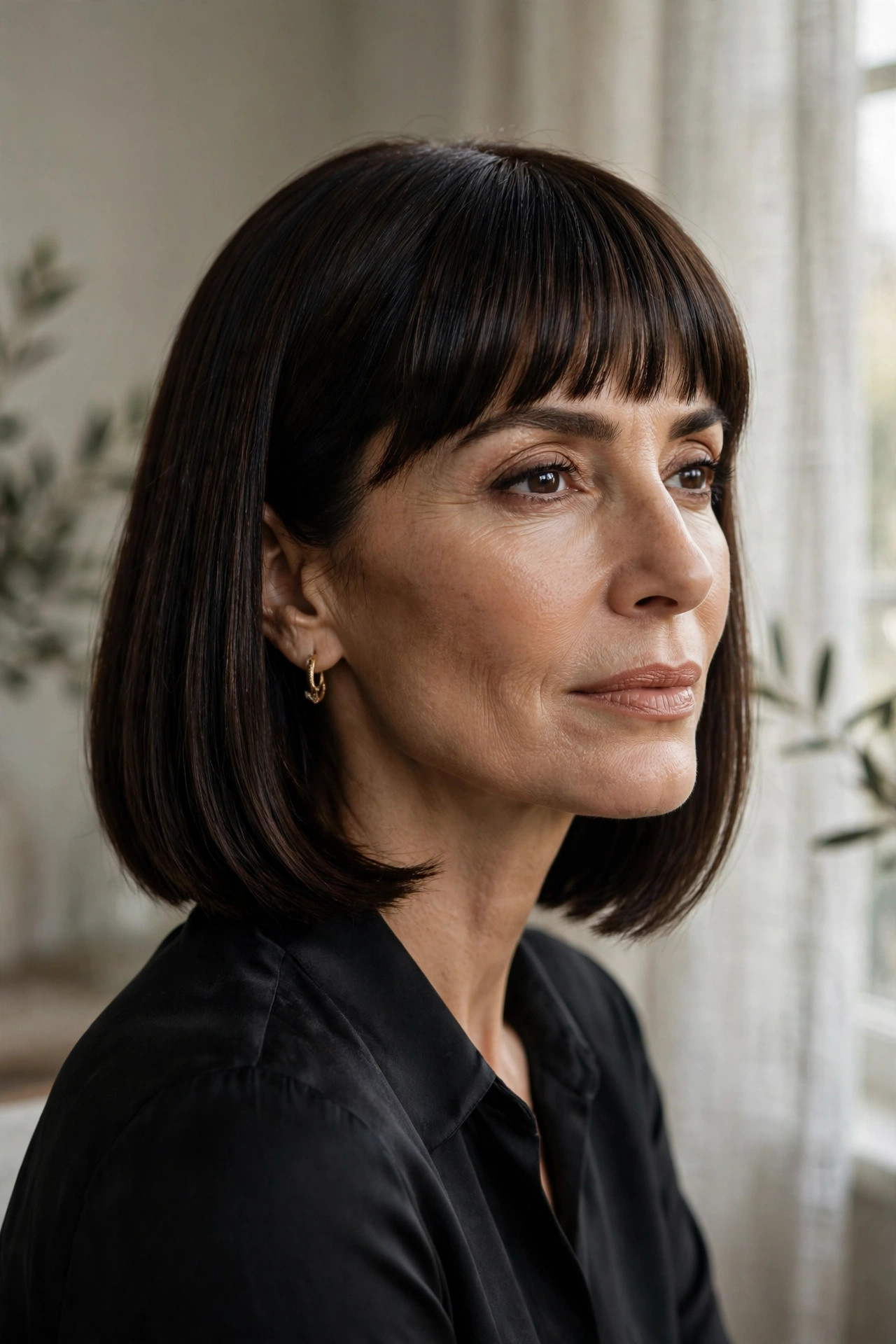 Espresso bob with sleek fringe for fine hair