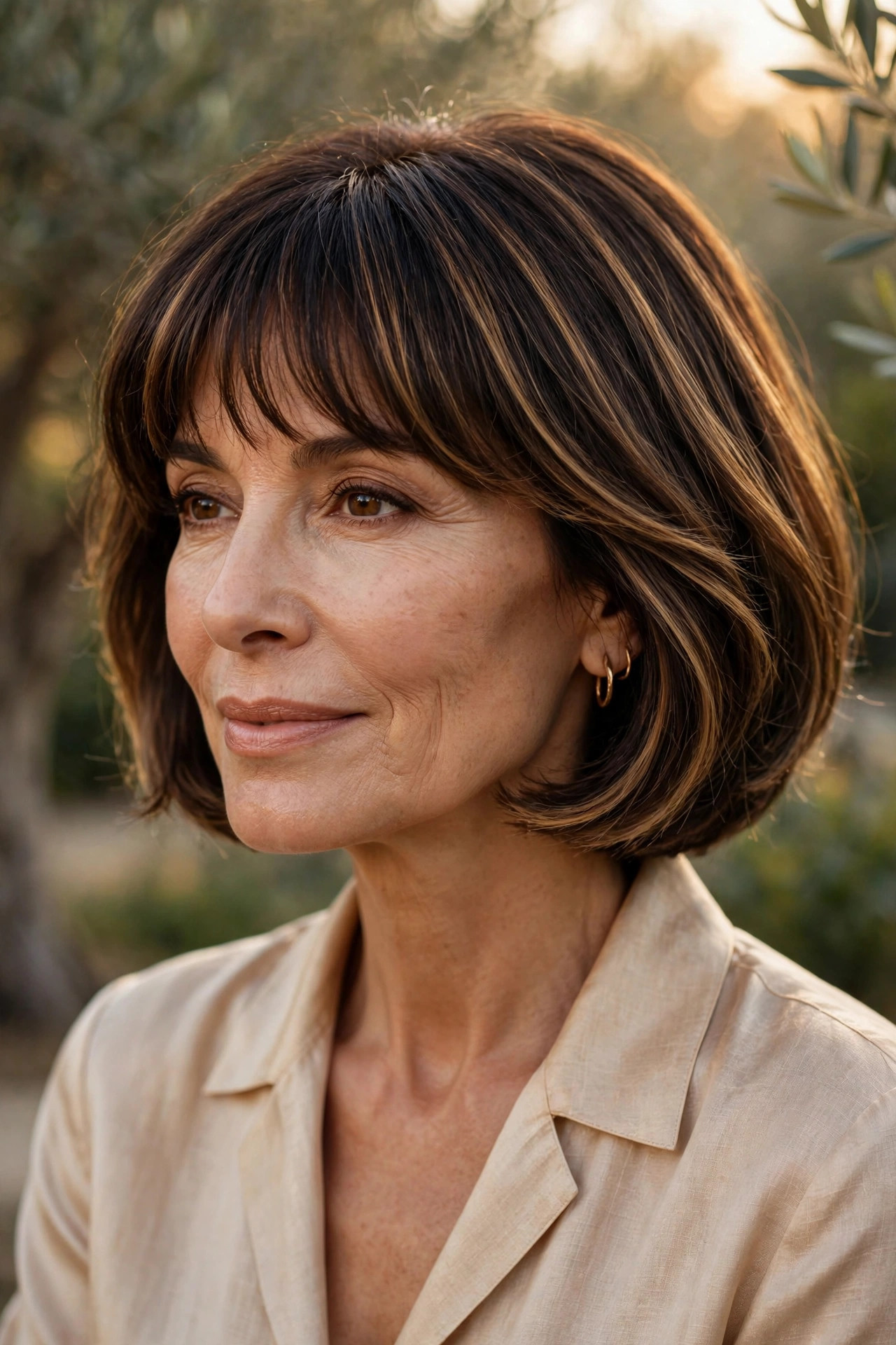 Caramel-ribbon bob with sweet fringe for thin hair
