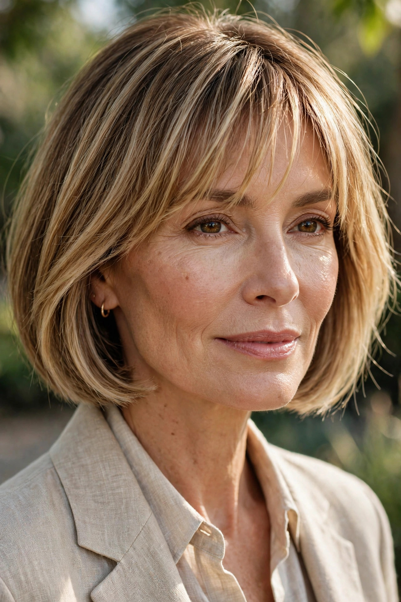 Bronde bob with sun-kissed fringe for fine hair