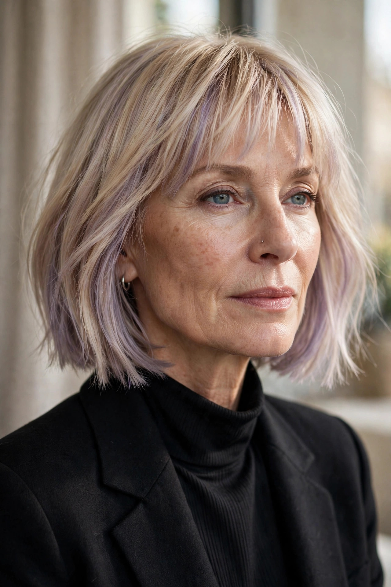 Lavender-toned bob with cool fringe for thin hair