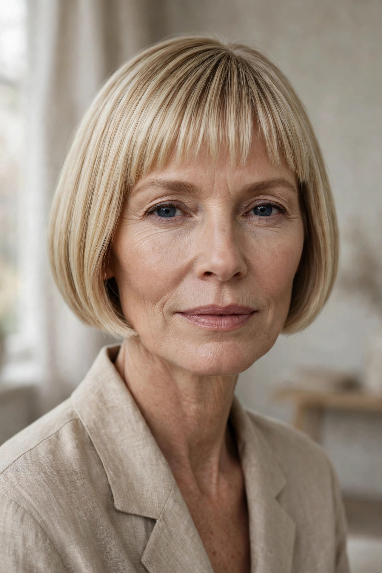 Scandinavian bob with clean minimal fringe, thin hair