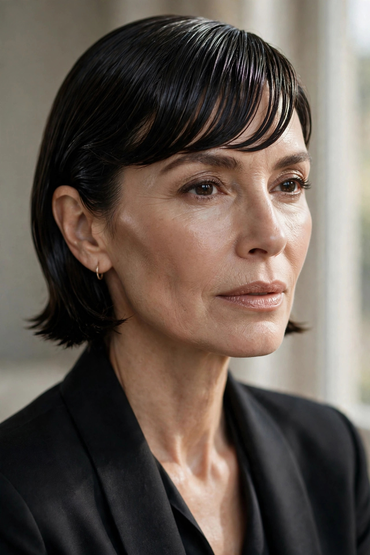 Wet-look bob with slicked fringe for thin hair