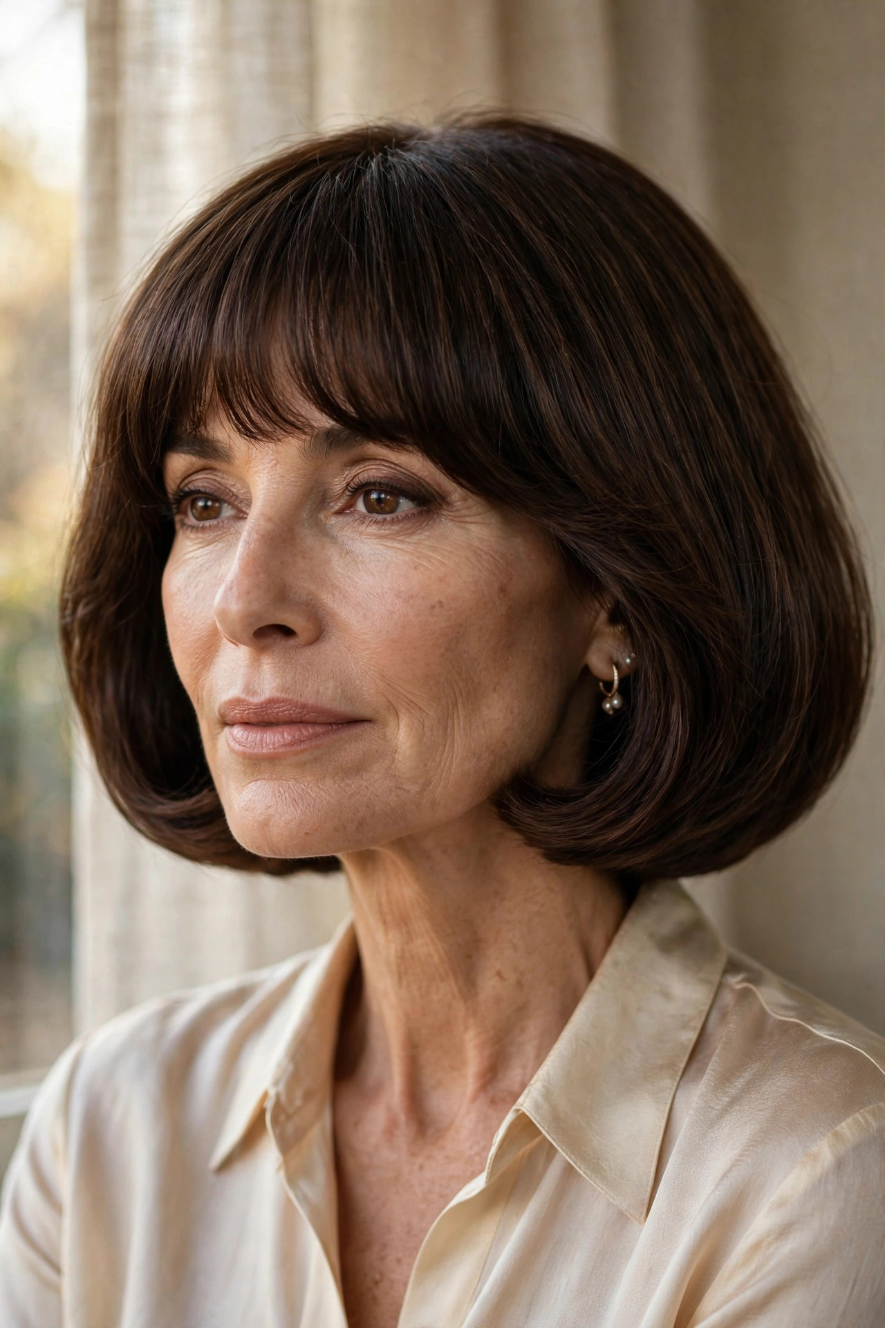 Italian bob with long fringe at bob length, fine hair