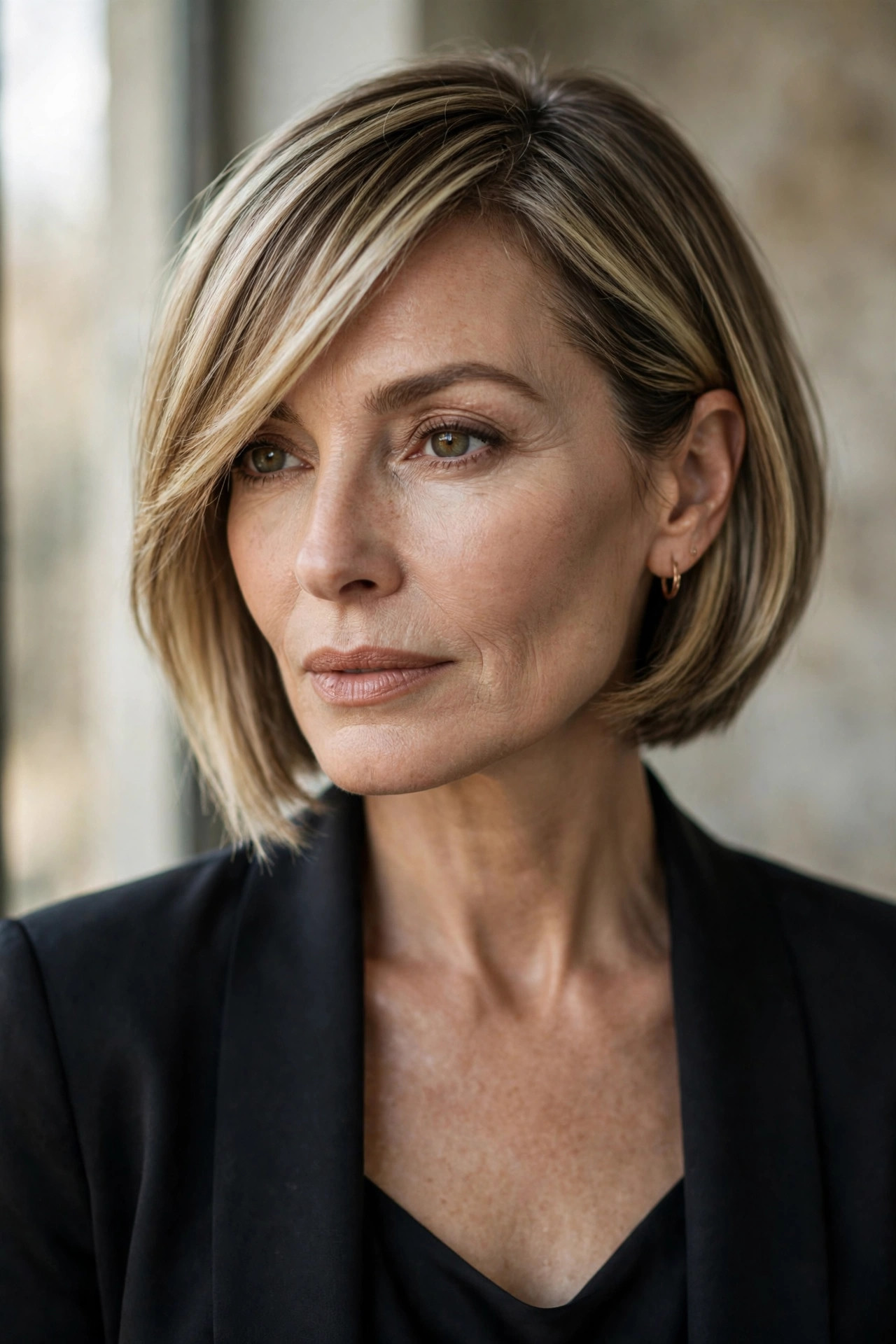 Asymmetric bob with diagonal fringe for fine hair