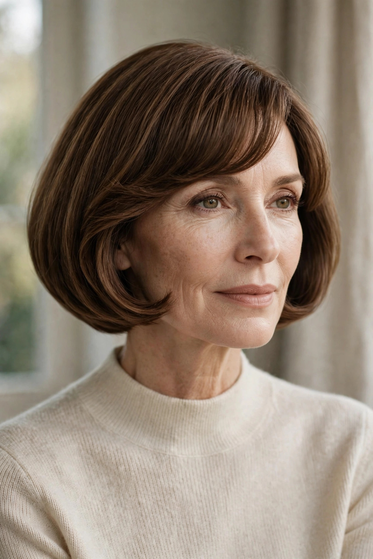 Beveled bob with curved fringe for thin hair