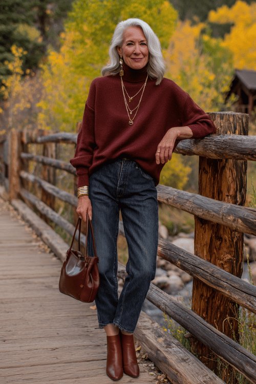 Woman over 50 in barn jacket, turtleneck, dark jeans and beanie in cold orchard