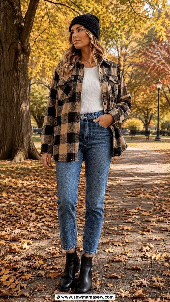 Woman over 50 in waxed jacket, plaid shirt, corduroys and chelsea boots