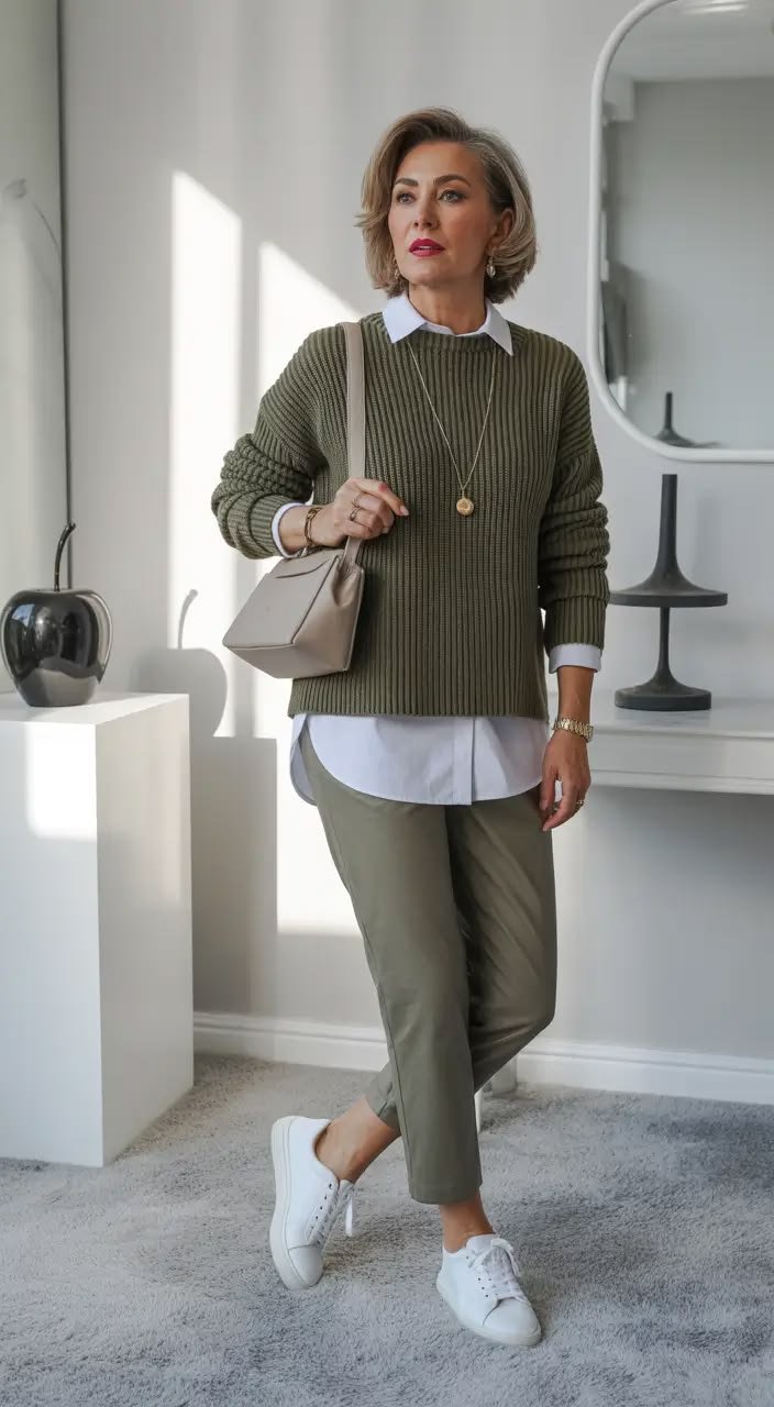 Woman over 50 in white linen shirt, olive cropped trousers and sneakers for fall