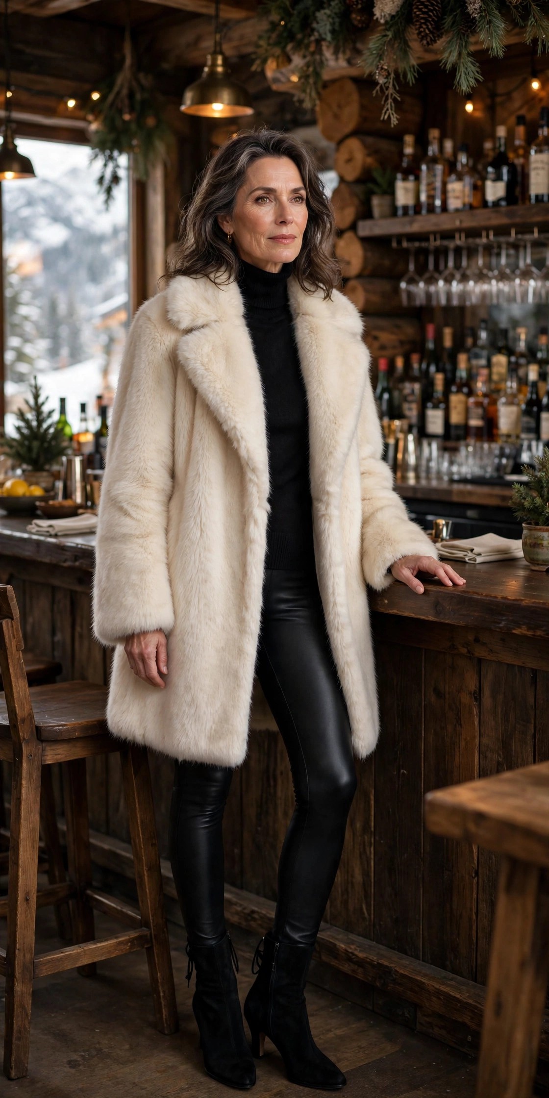 Woman in her 50s in a cream faux-fur coat and leather leggings at a ski lodge bar