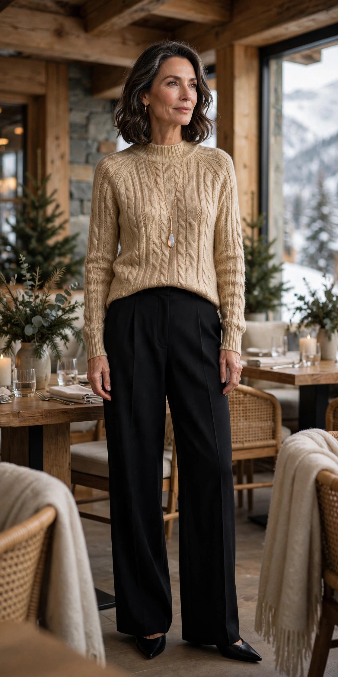 Woman in her 50s in a champagne gold knit sweater and black wide-leg trousers
